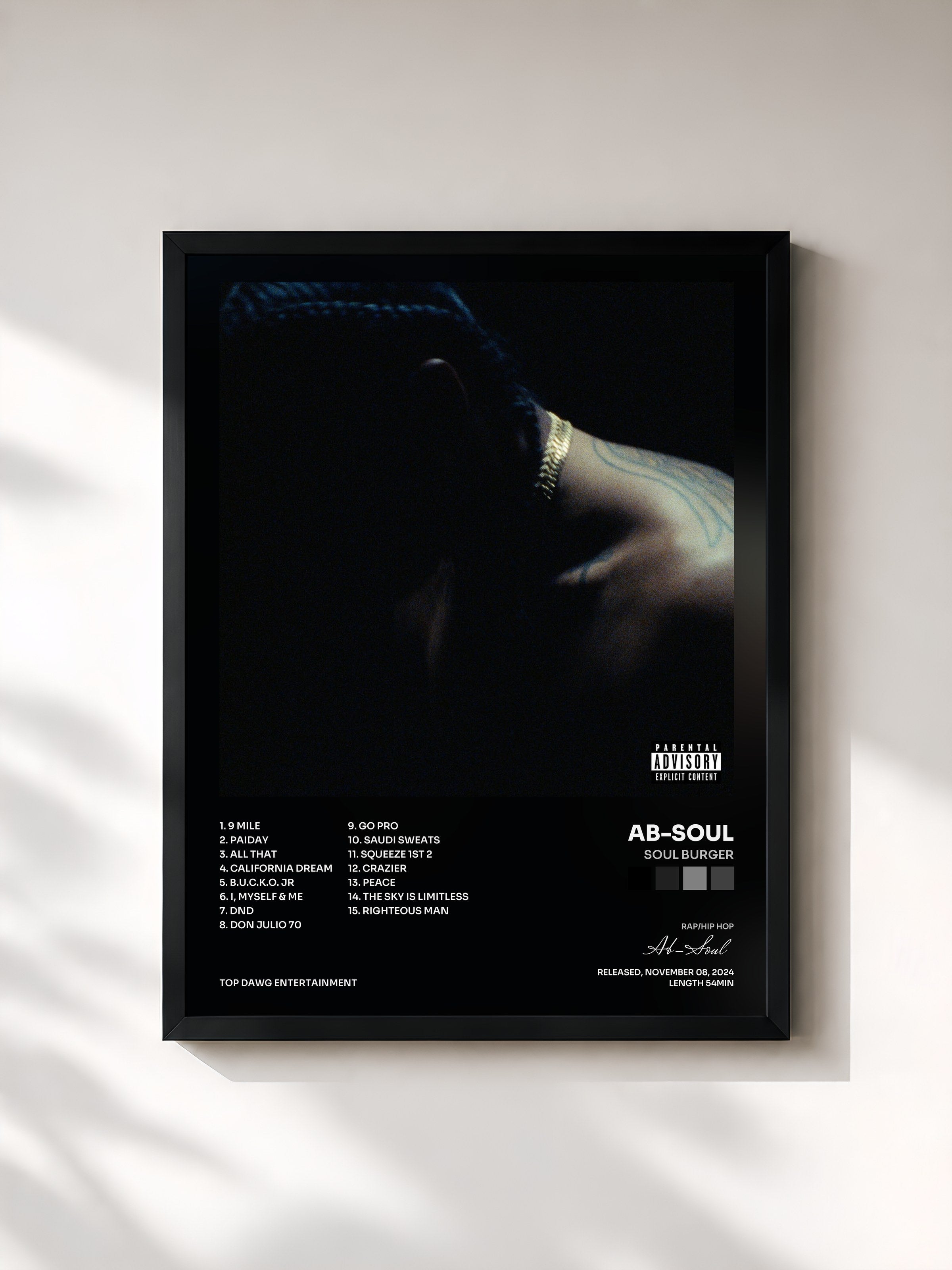 #noir Tableau de l'album Soul Burger de Ab-Soul, cadre noir, imprimé et encadré en France