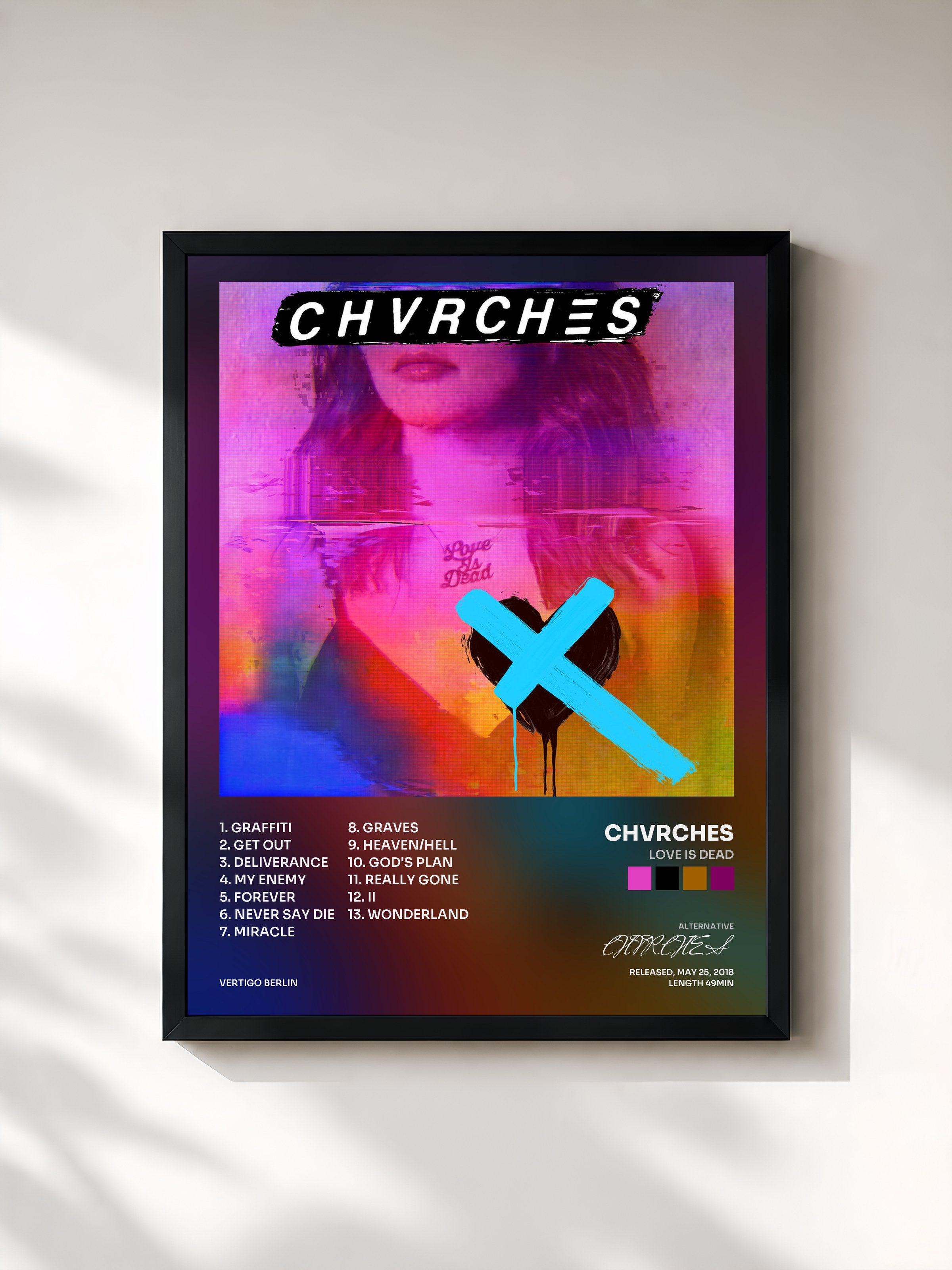 #noir Tableau de l'album Love Is Dead de CHVRCHES, cadre noir, imprimé et encadré en France