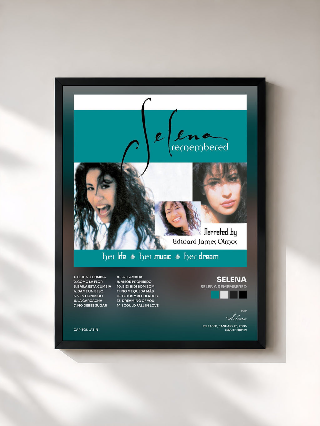 #noir Tableau de l'album Selena Remembered de Selena, cadre noir, imprimé et encadré en France