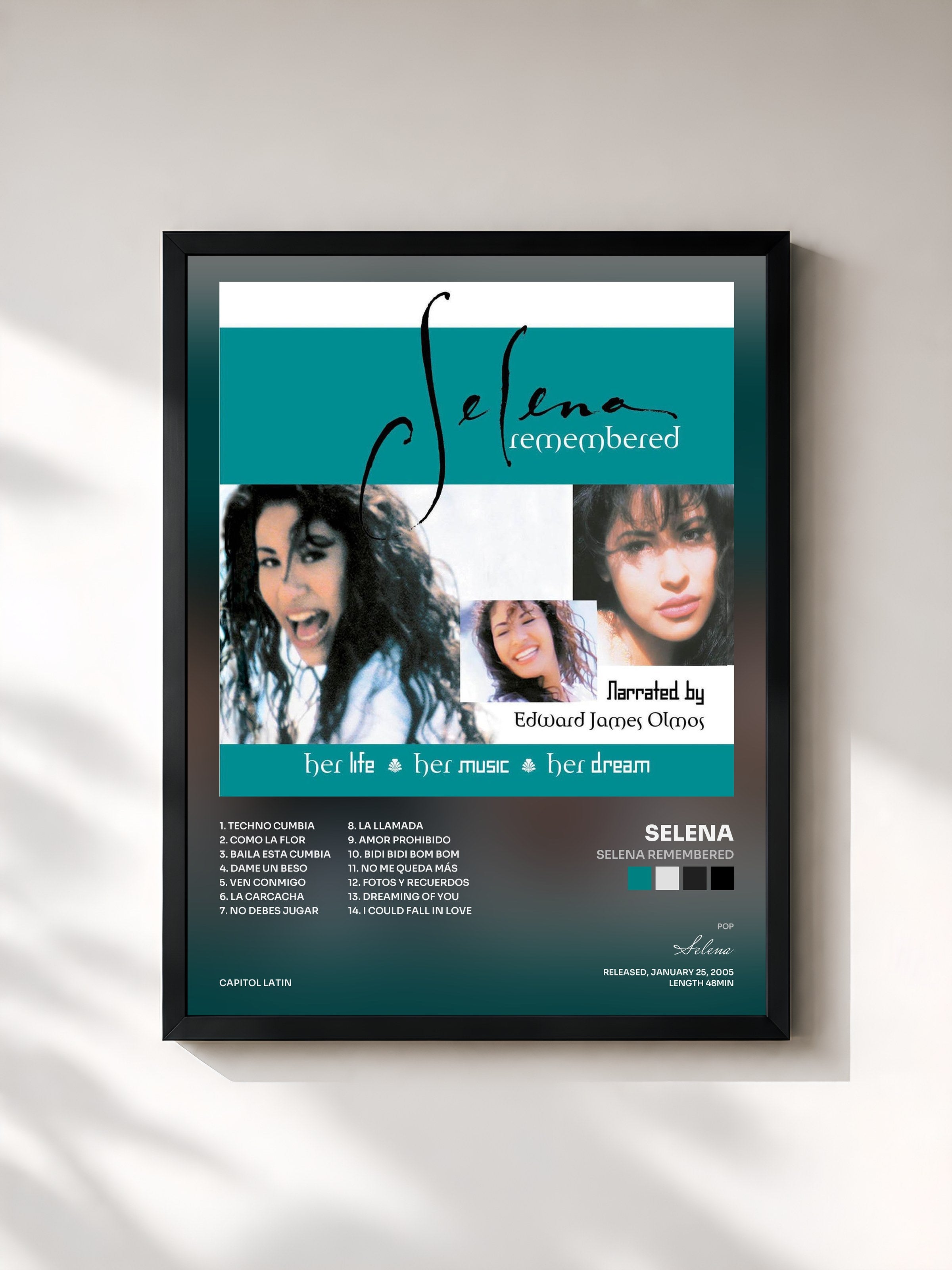 #noir Tableau de l'album Selena Remembered de Selena, cadre noir, imprimé et encadré en France
