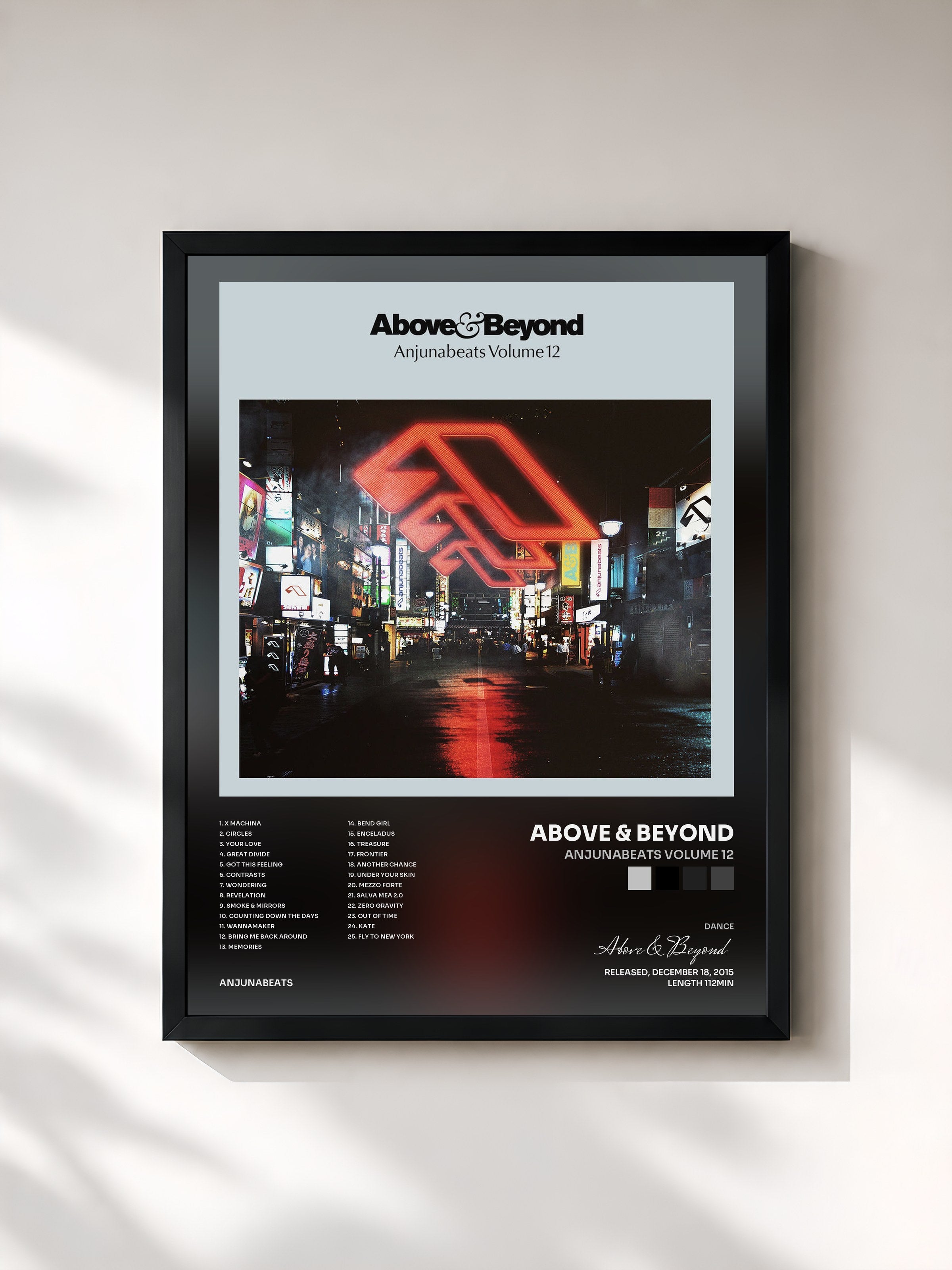 #noir Tableau de l'album Anjunabeats Volume 12 de Above & Beyond, cadre noir, imprimé et encadré en France