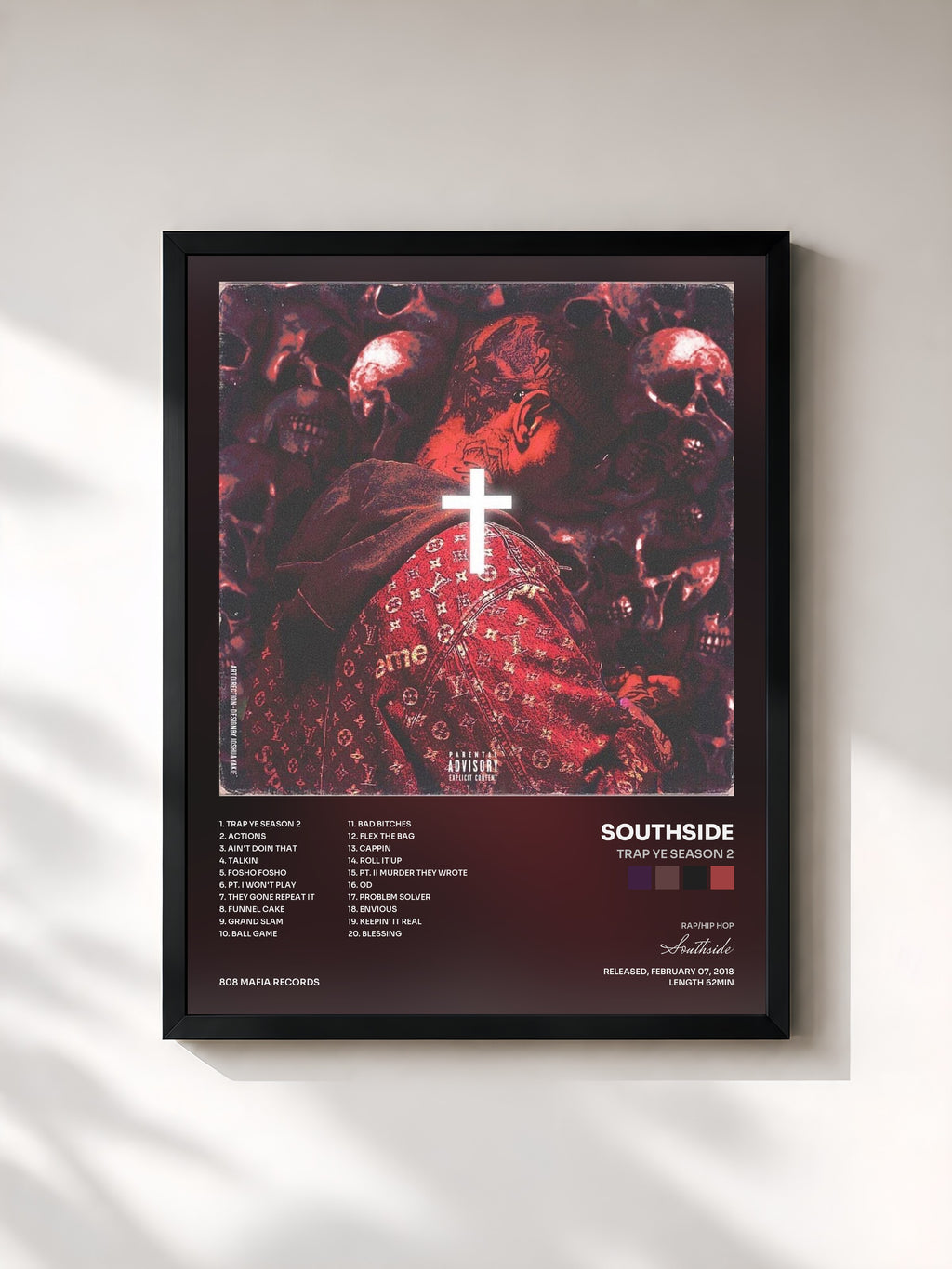 #noir Tableau de l'album Trap Ye Season 2 de Southside, cadre noir, imprimé et encadré en France