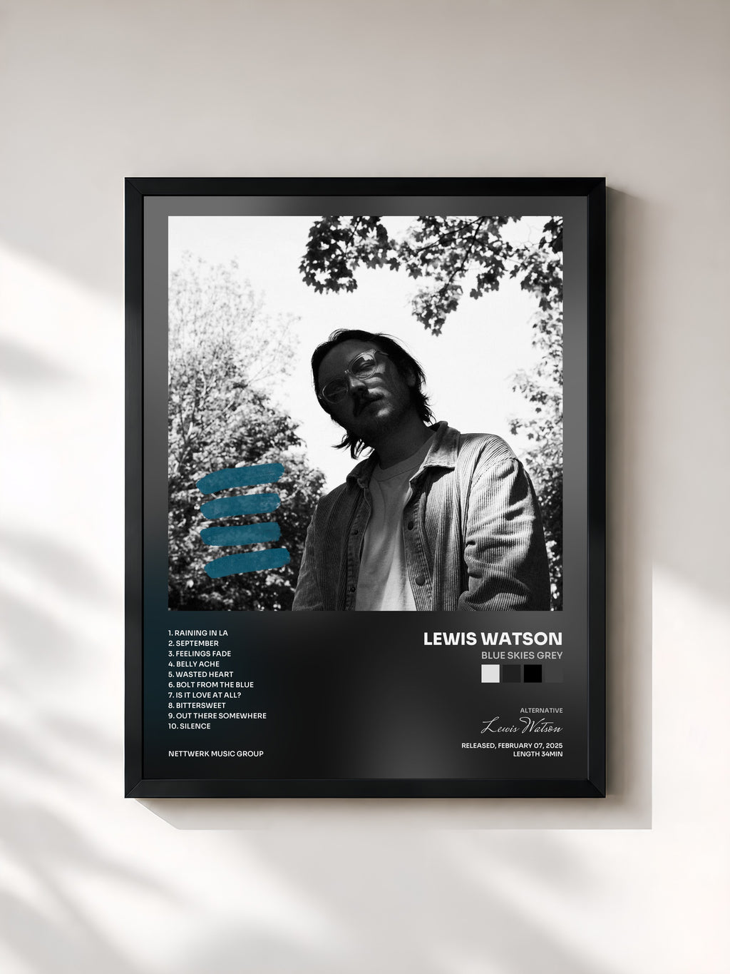 #noir Tableau de l'album blue skies grey de Lewis Watson, cadre noir, imprimé et encadré en France