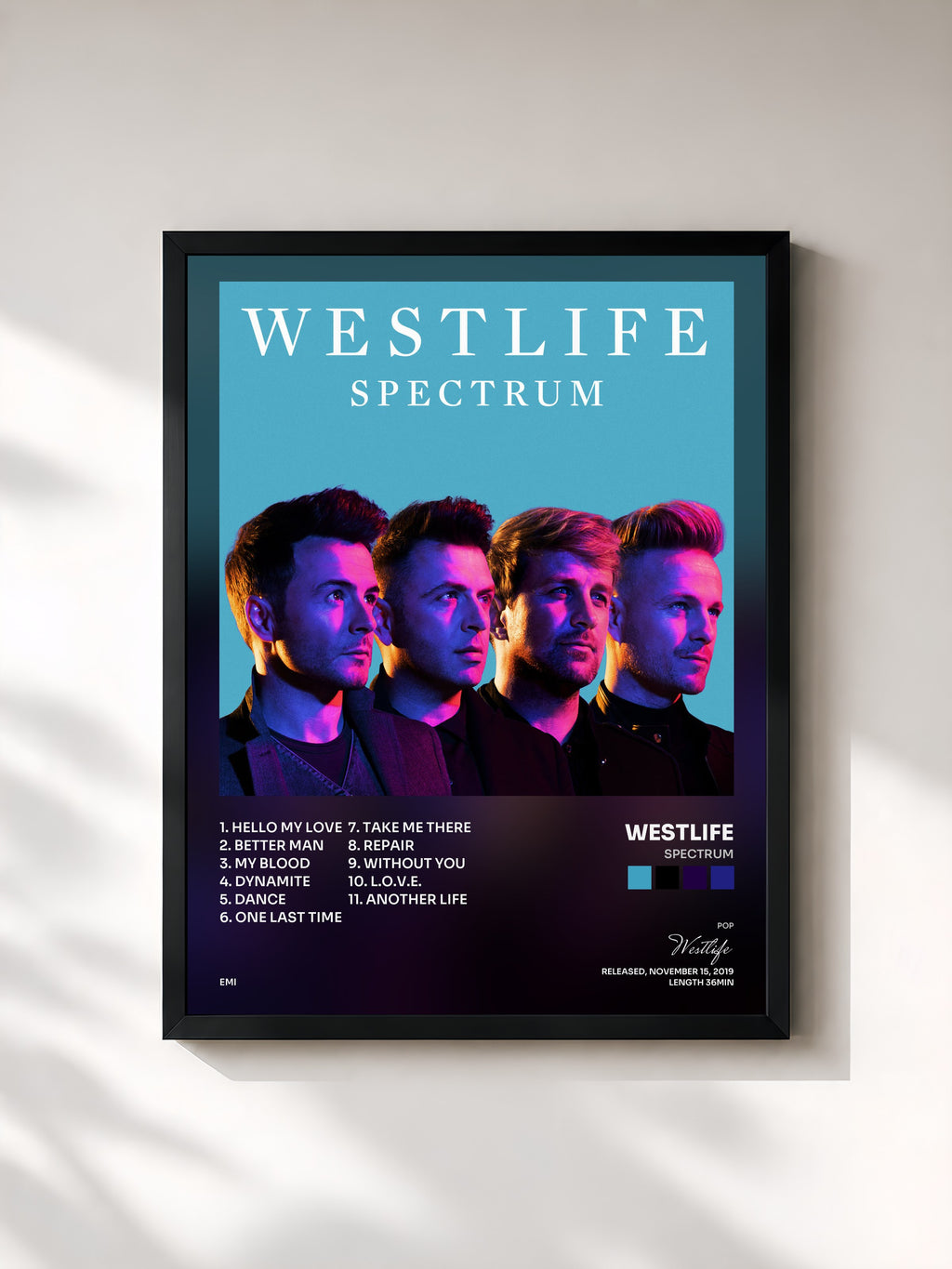 #noir Tableau de l'album Spectrum de Westlife, cadre noir, imprimé et encadré en France