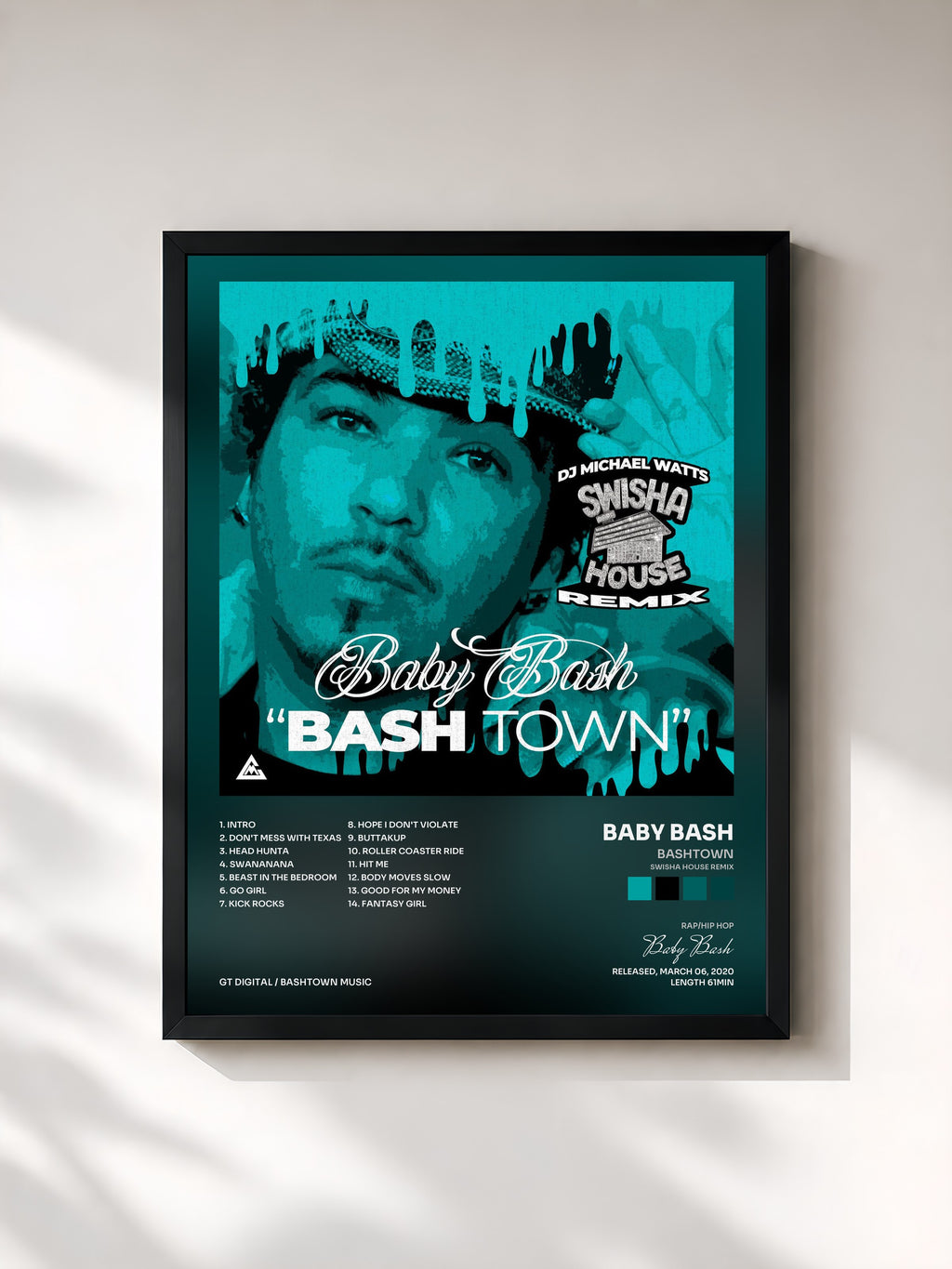 #noir Tableau de l'album Bashtown (Swisha House Remix) de Baby Bash, cadre noir, imprimé et encadré en France