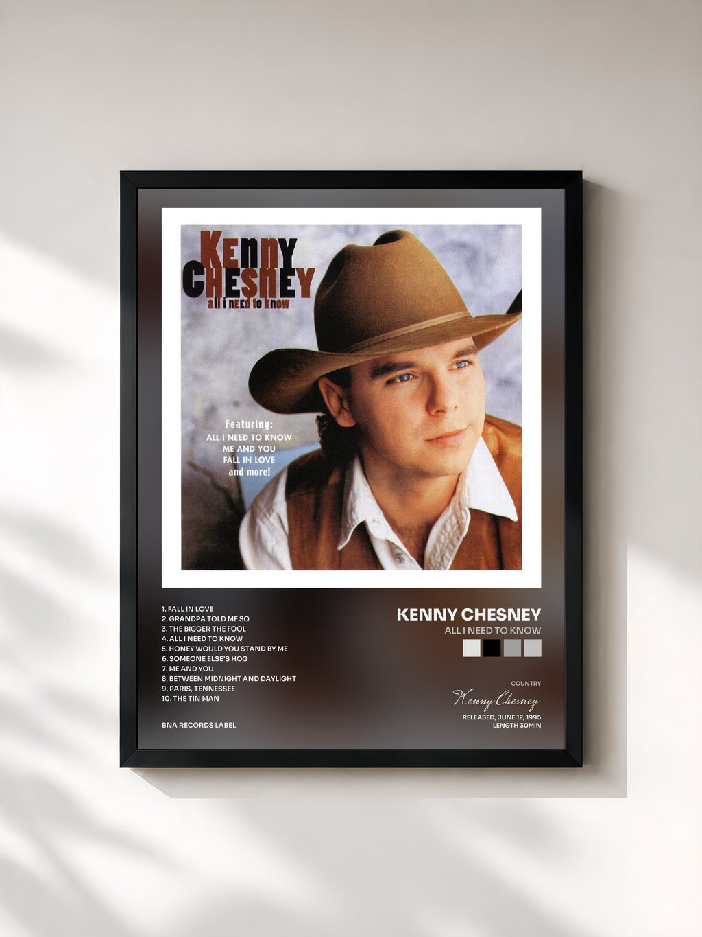 #noir Tableau de l'album All I Need To Know de Kenny Chesney, cadre noir, imprimé et encadré en France