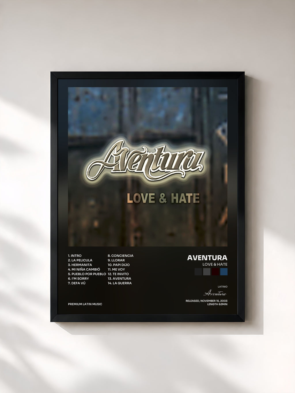 #noir Tableau de l'album Love & Hate de Aventura, cadre noir, imprimé et encadré en France