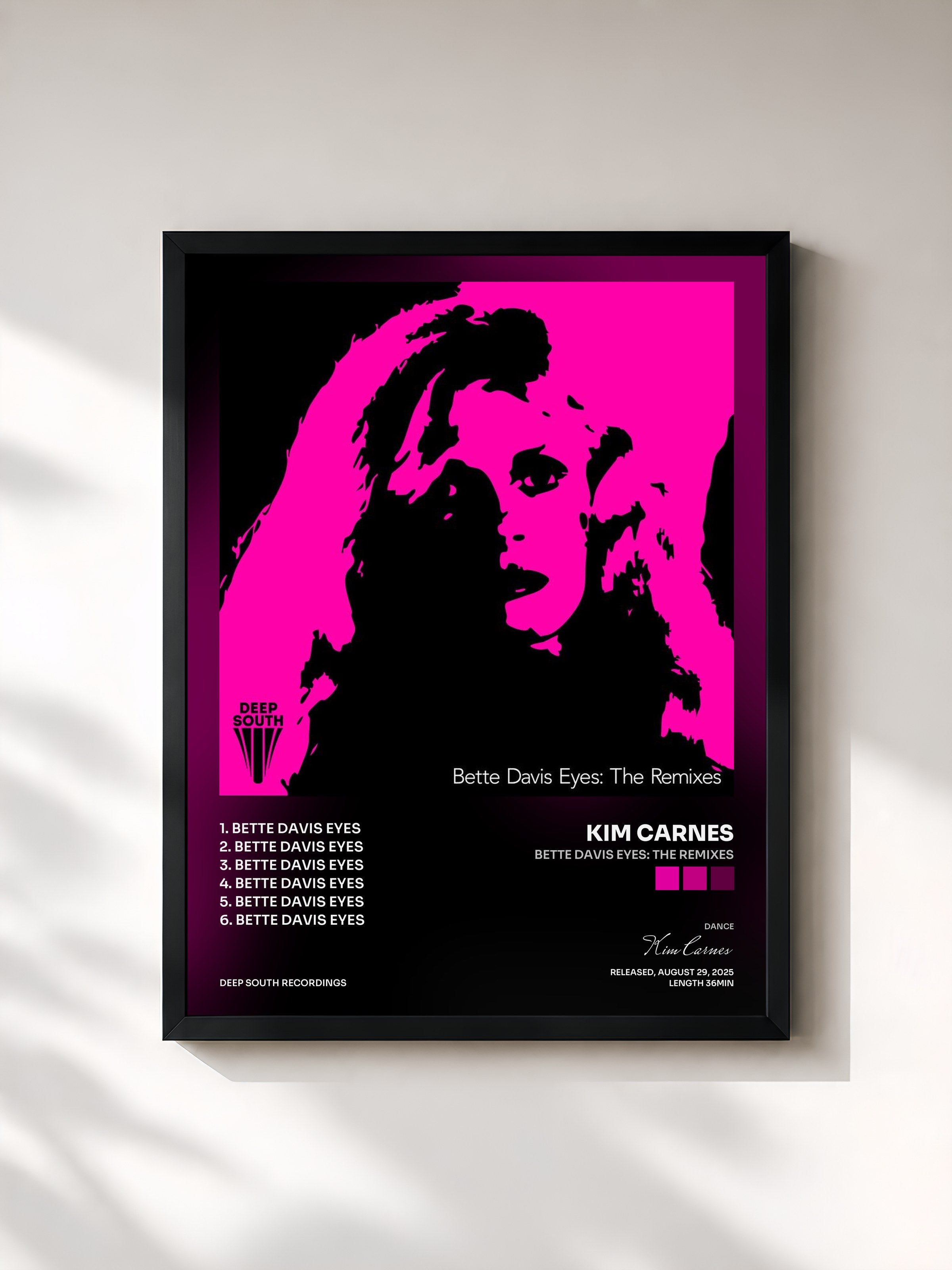 #noir Tableau de l'album Bette Davis Eyes: The Remixes de Kim Carnes, cadre noir, imprimé et encadré en France