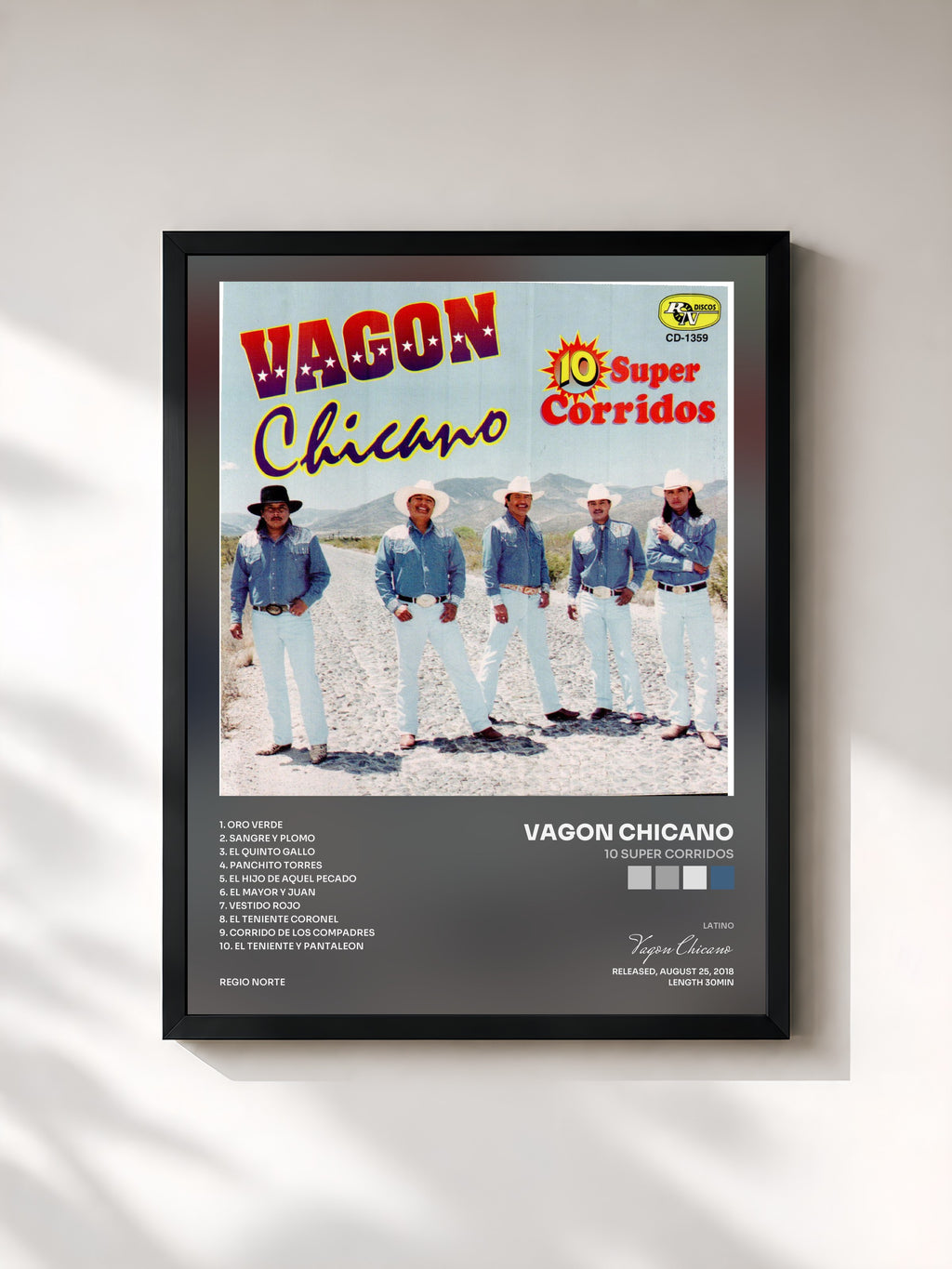 #noir Tableau de l'album 10 Super Corridos de Vagon Chicano, cadre noir, imprimé et encadré en France