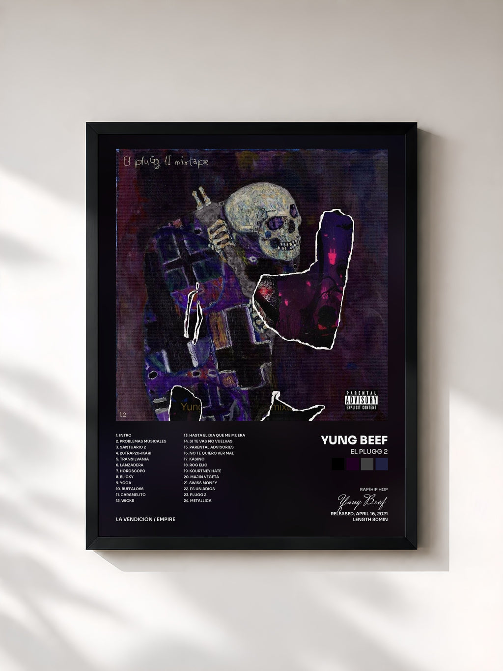 #noir Tableau de l'album El Plugg 2 de Yung Beef, cadre noir, imprimé et encadré en France