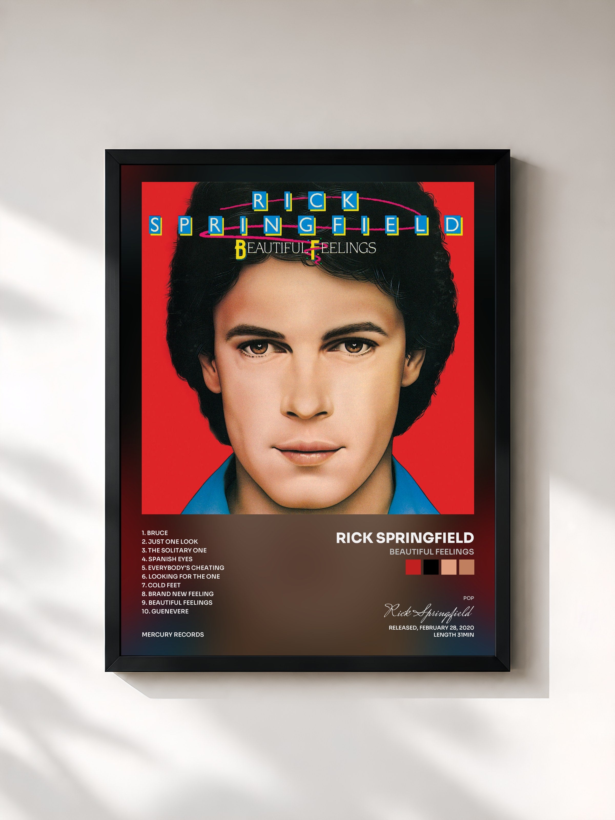 #noir Tableau de l'album Beautiful Feelings de Rick Springfield, cadre noir, imprimé et encadré en France