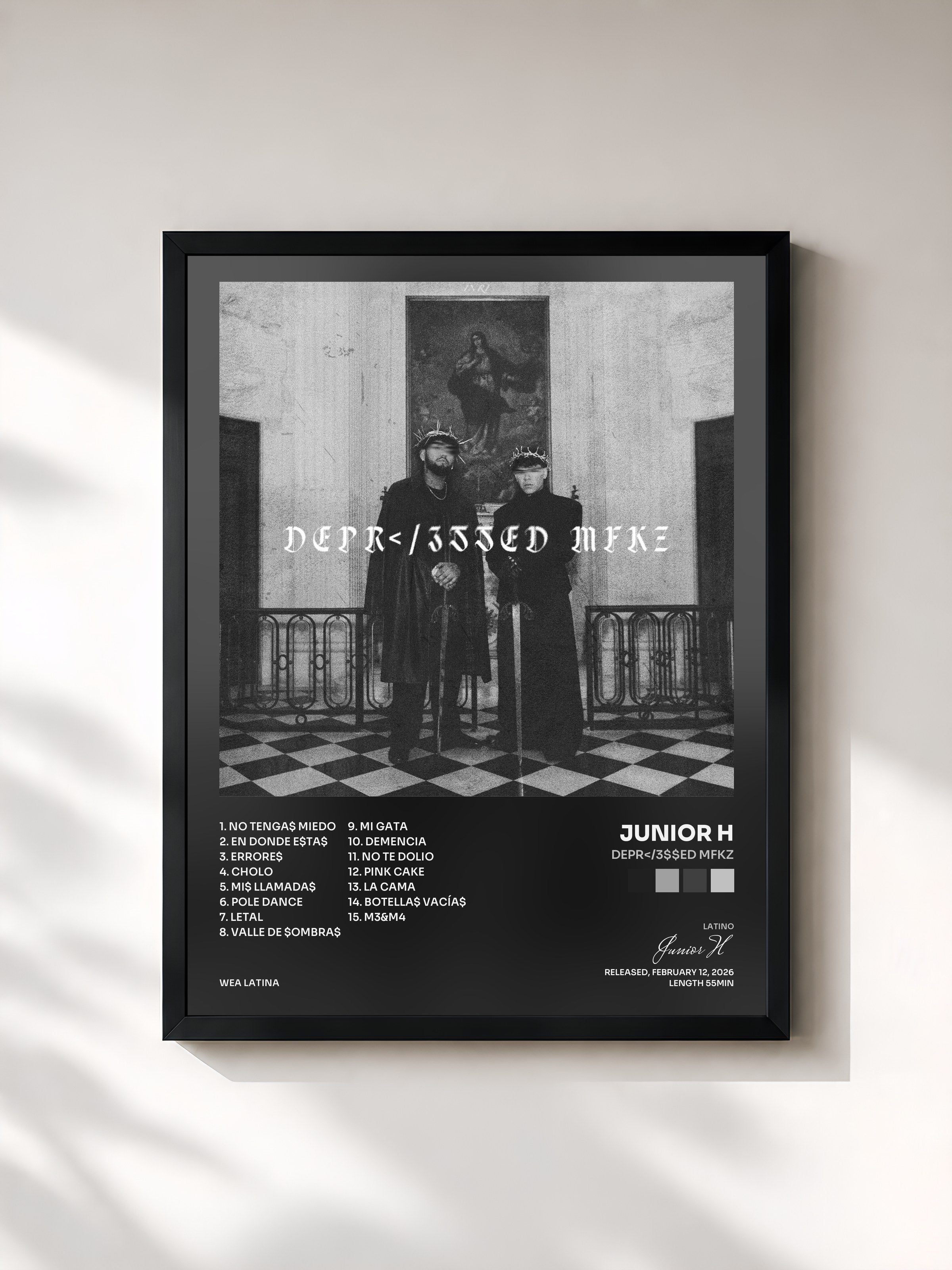 #noir Tableau de l'album DEPR</3$$ED MFKZ de Junior H, cadre noir, imprimé et encadré en France