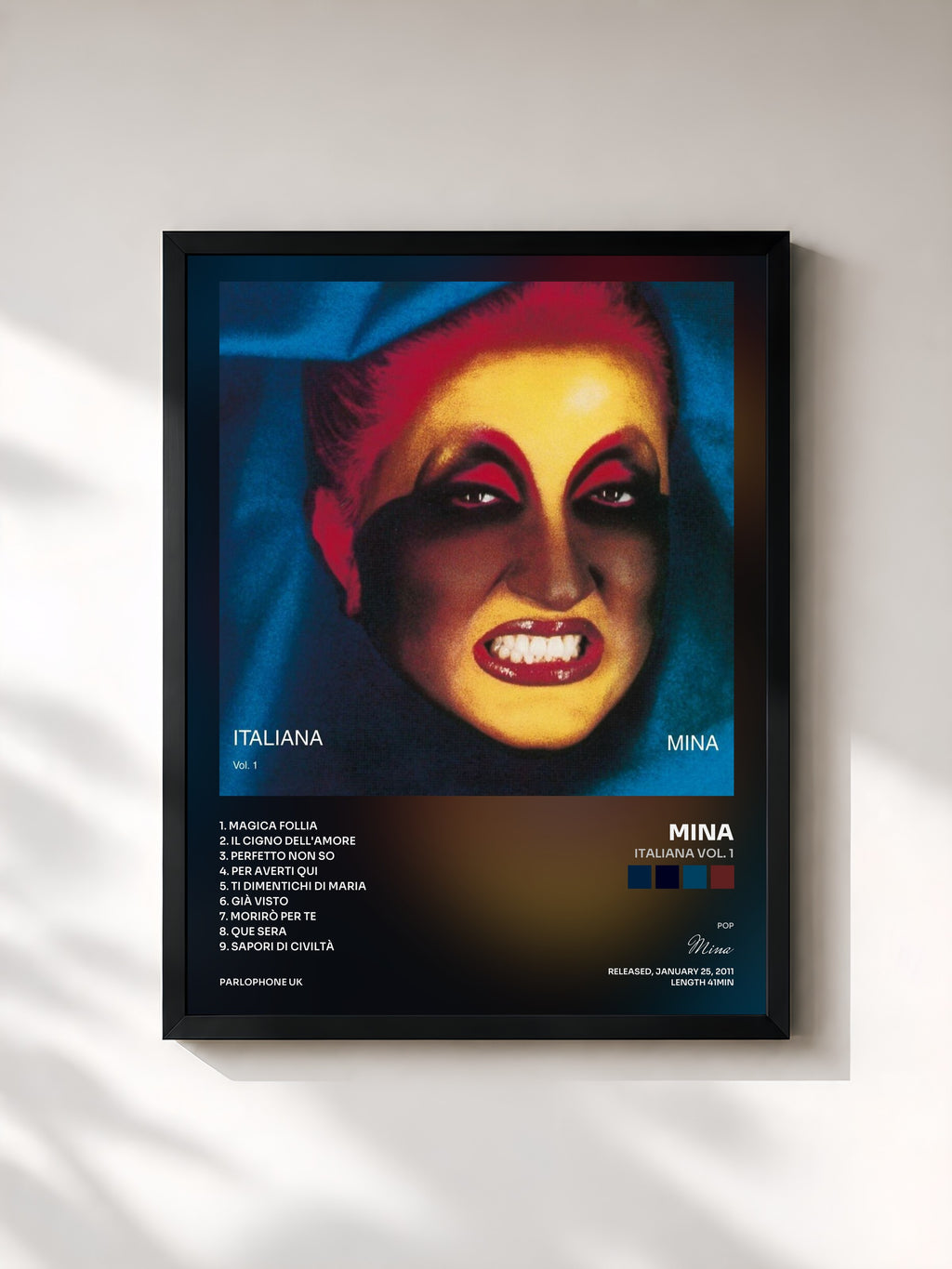 #noir Tableau de l'album Italiana Vol. 1 de Mina, cadre noir, imprimé et encadré en France