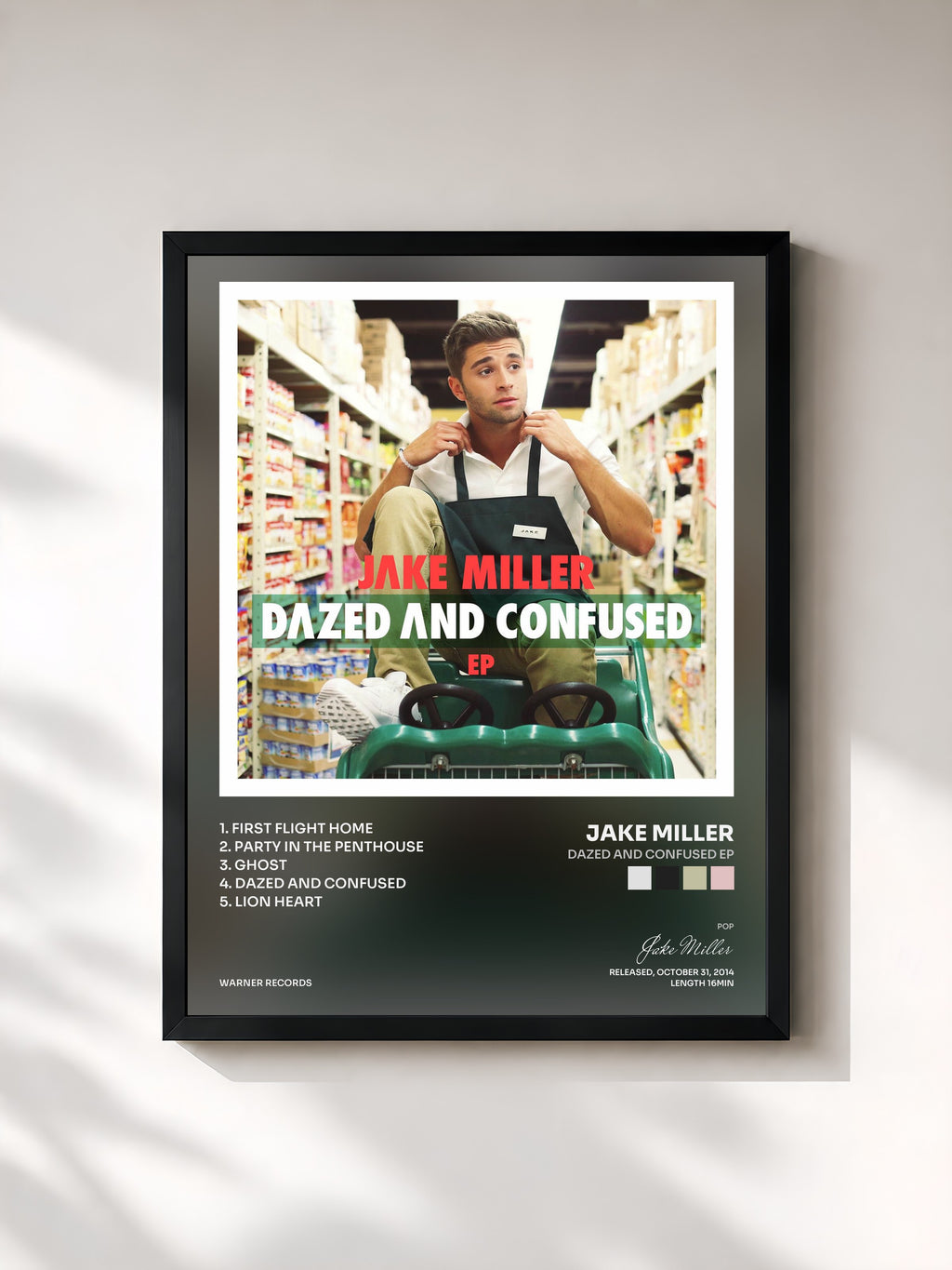 #noir Tableau de l'album Dazed and Confused EP de Jake Miller, cadre noir, imprimé et encadré en France