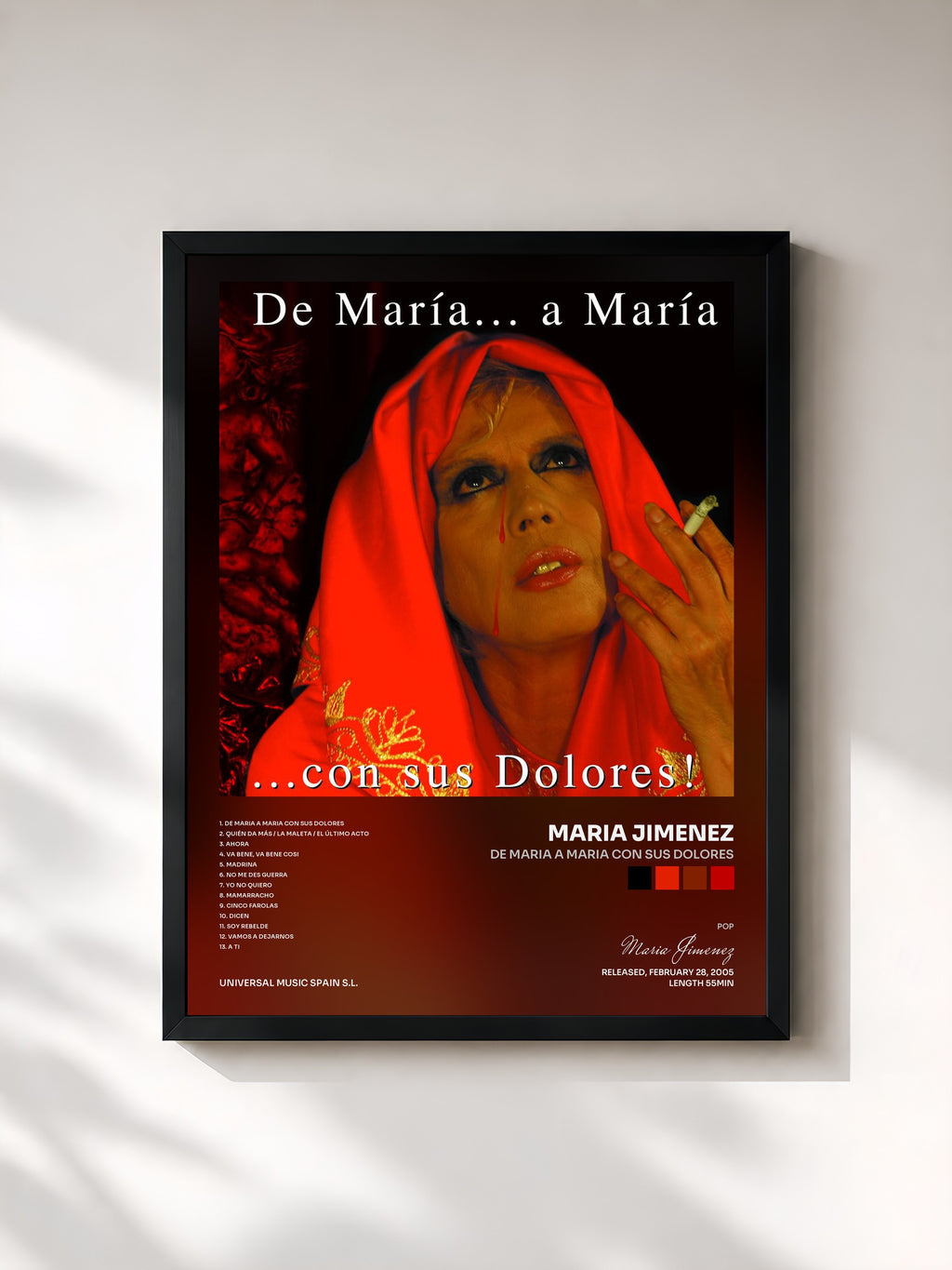 #noir Tableau de l'album De Maria A Maria Con Sus Dolores de Maria Jimenez, cadre noir, imprimé et encadré en France