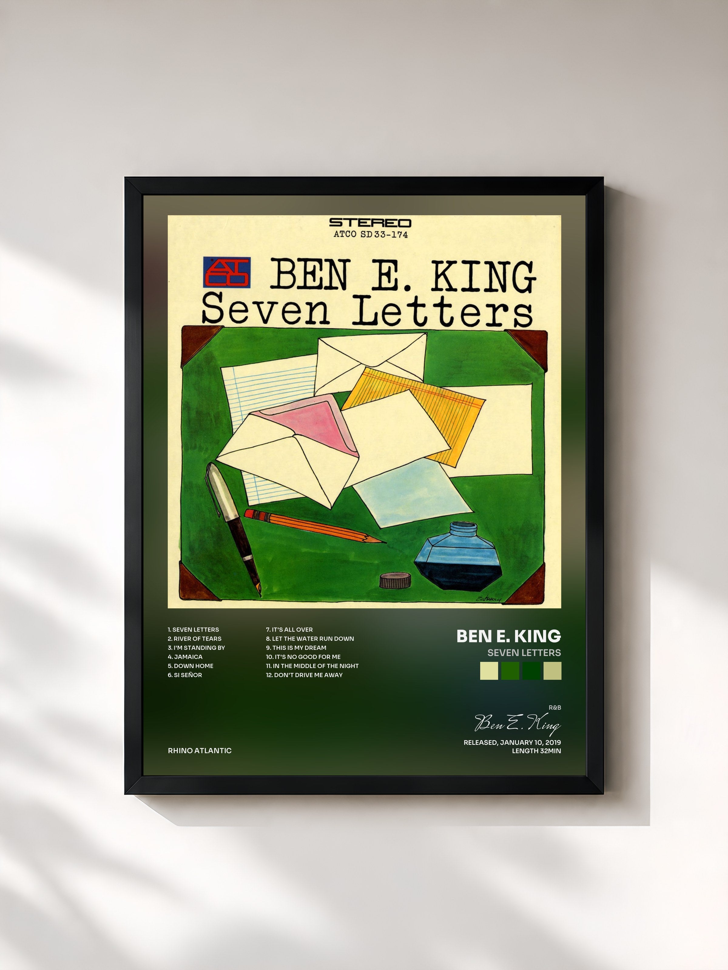 #noir Tableau de l'album Seven Letters de Ben E. King, cadre noir, imprimé et encadré en France