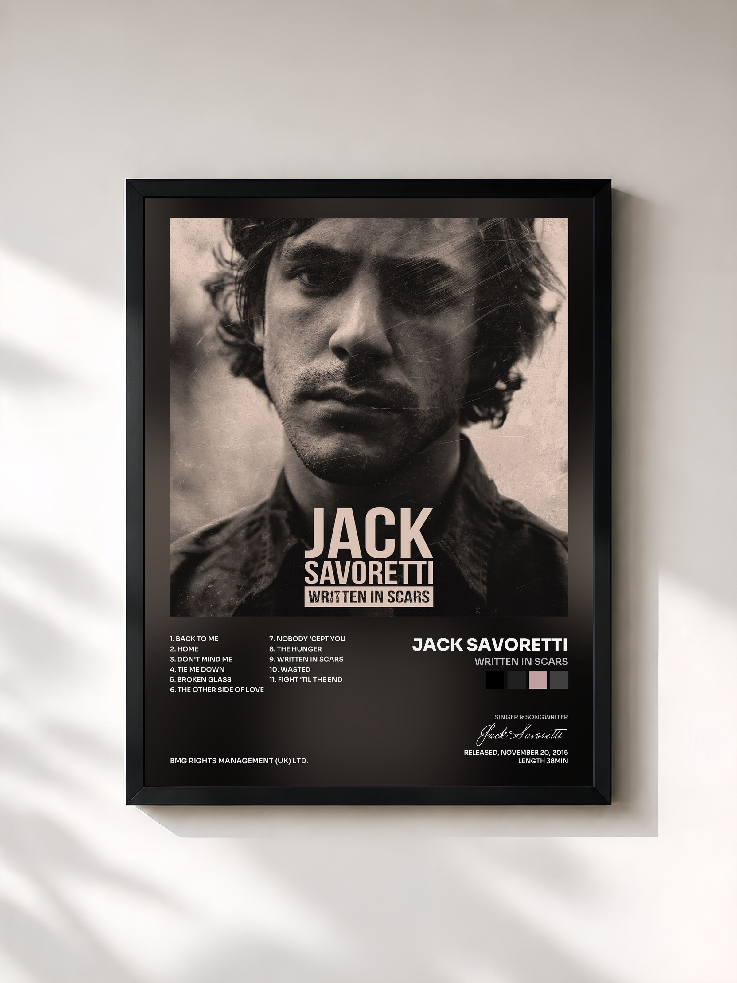 #noir Tableau de l'album Written in Scars de Jack Savoretti, cadre noir, imprimé et encadré en France