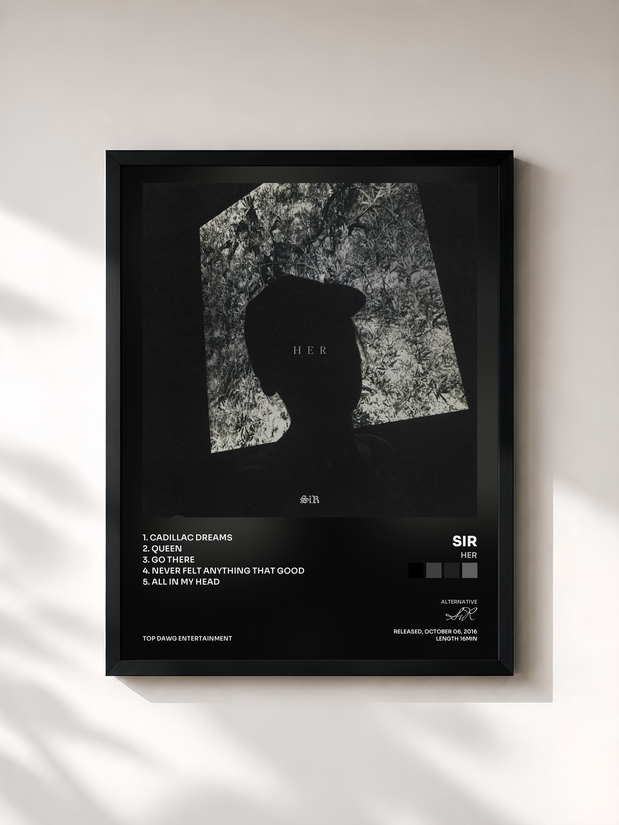 #noir Tableau de l'album HER de SiR, cadre noir, imprimé et encadré en France