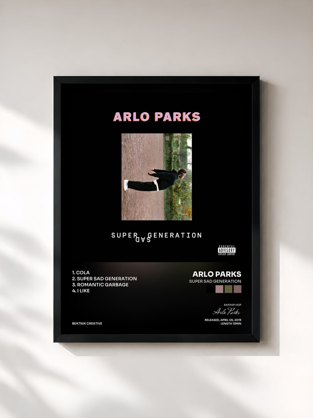 #noir Tableau de l'album Super Sad Generation de Arlo Parks, cadre noir, imprimé et encadré en France