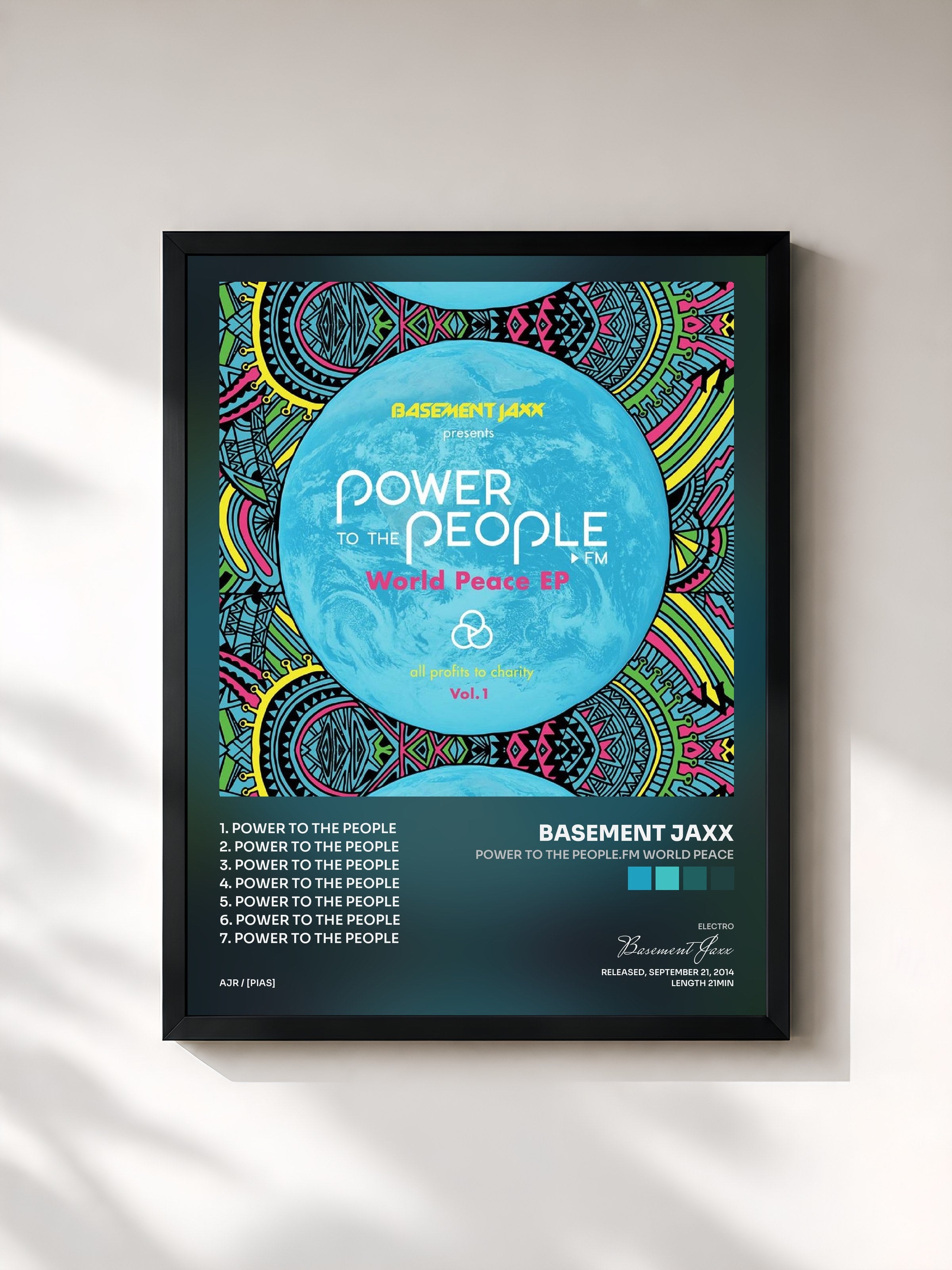 #noir Tableau de l'album Power to the People.FM World Peace de Basement Jaxx, cadre noir, imprimé et encadré en France