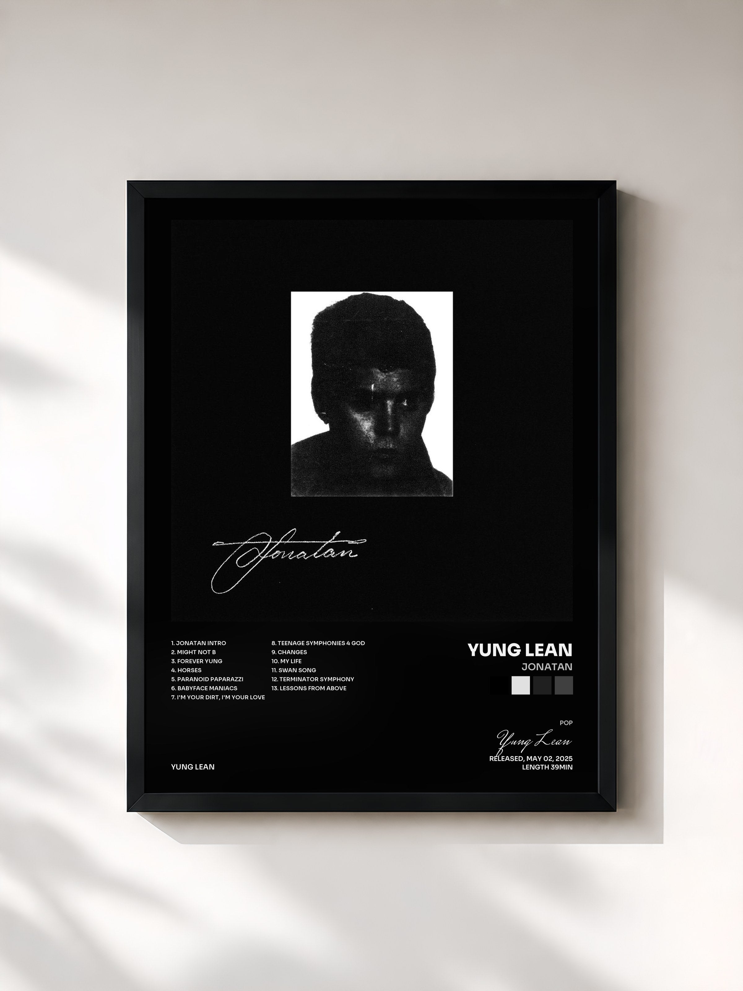 #noir Tableau de l'album Jonatan de Yung Lean, cadre noir, imprimé et encadré en France