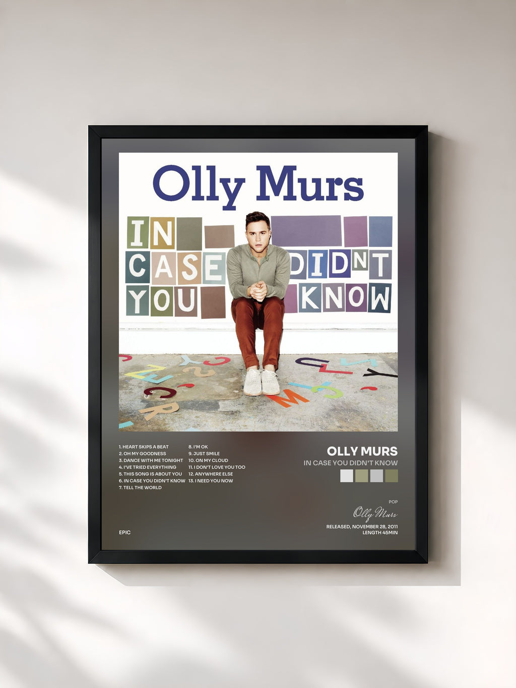 #noir Tableau de l'album In Case You Didn't Know de Olly Murs, cadre noir, imprimé et encadré en France