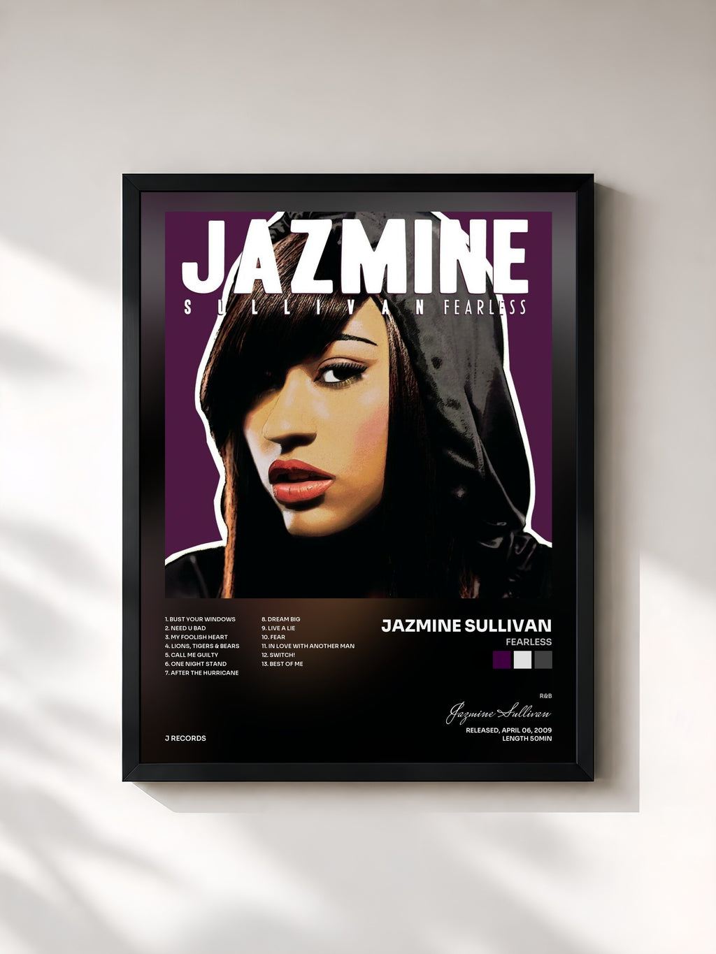 #noir Tableau de l'album Fearless de Jazmine Sullivan, cadre noir, imprimé et encadré en France