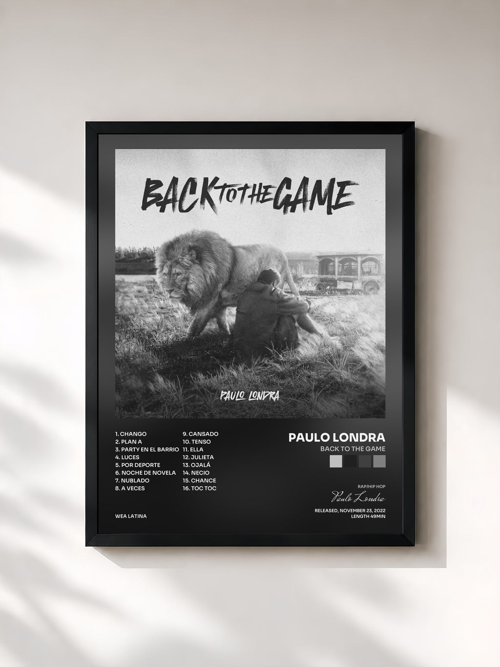 #noir Tableau de l'album Back To The Game de Paulo Londra, cadre noir, imprimé et encadré en France