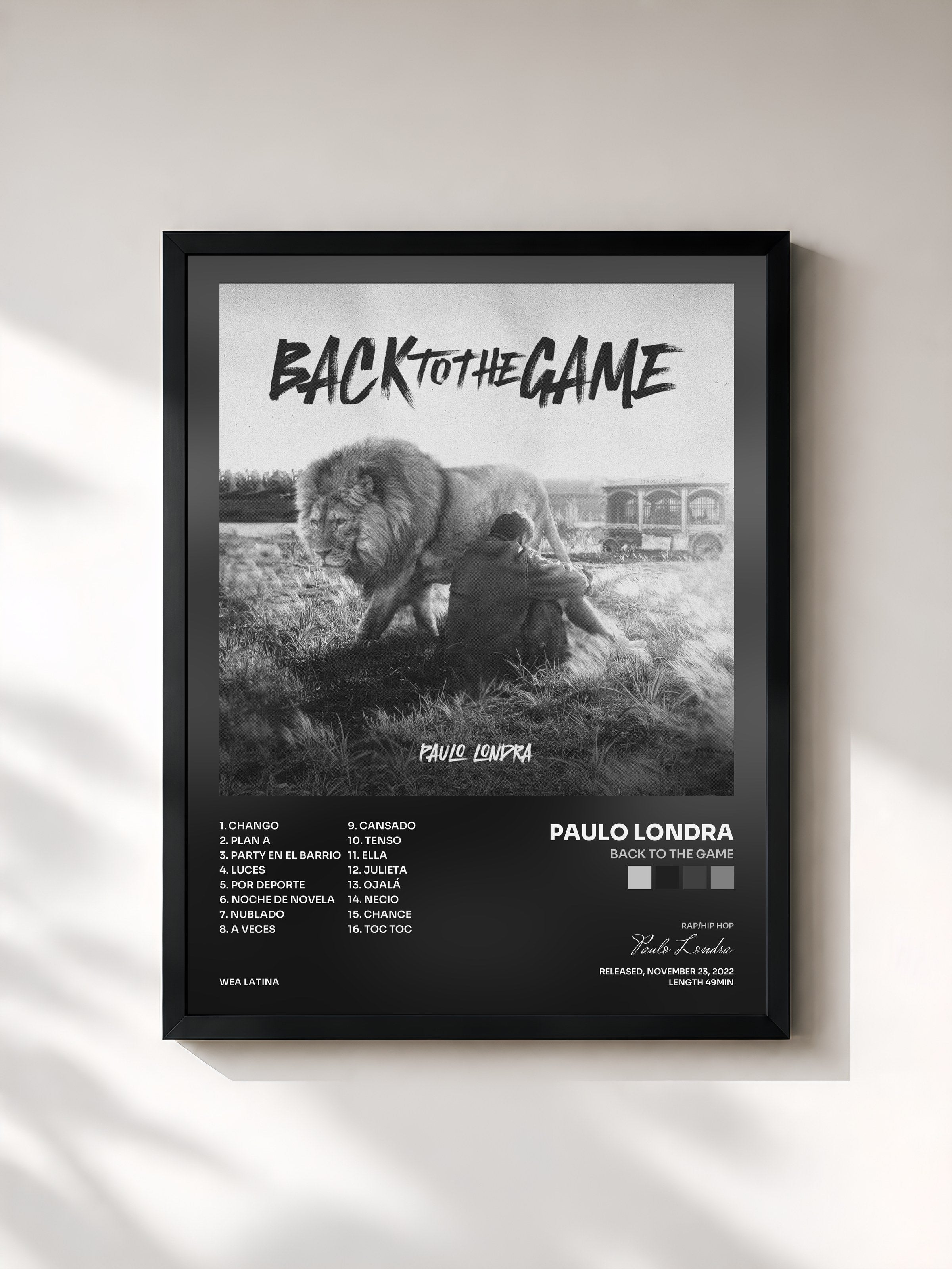 #noir Tableau de l'album Back To The Game de Paulo Londra, cadre noir, imprimé et encadré en France