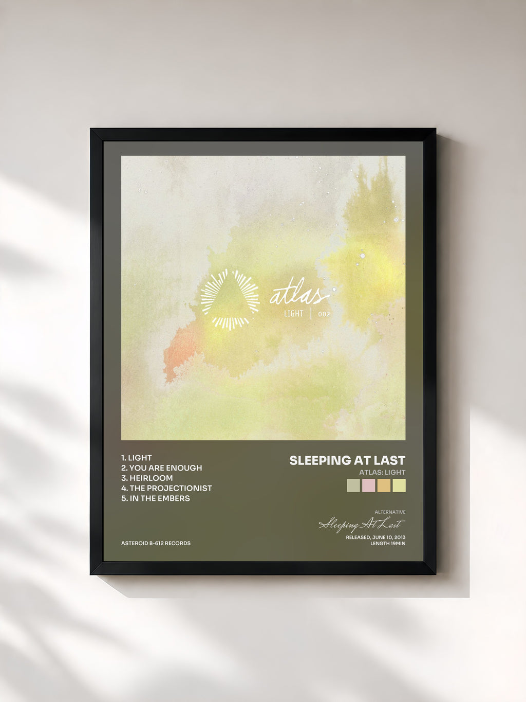 #noir Tableau de l'album Atlas: Light de Sleeping At Last, cadre noir, imprimé et encadré en France