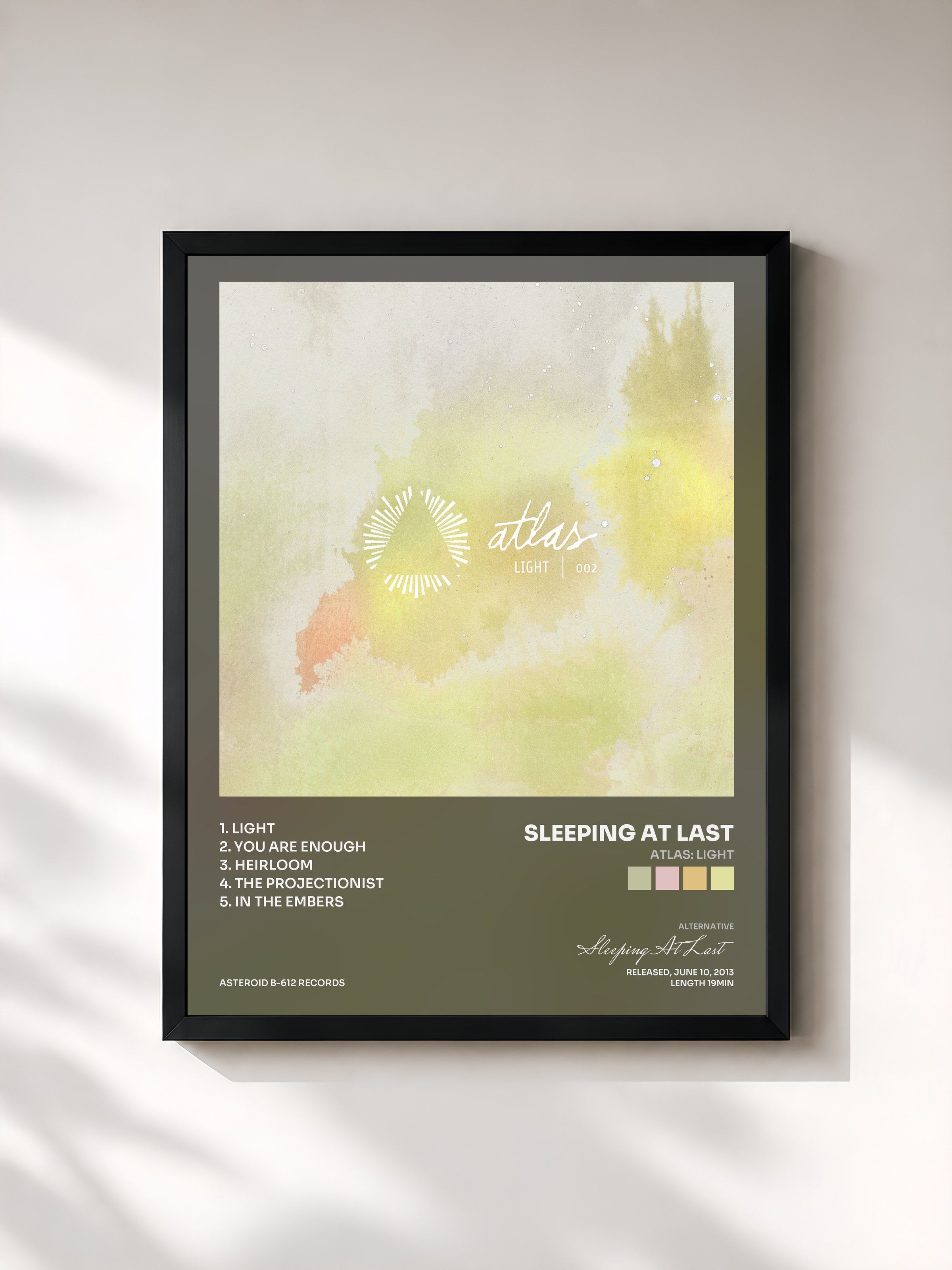 #noir Tableau de l'album Atlas: Light de Sleeping At Last, cadre noir, imprimé et encadré en France
