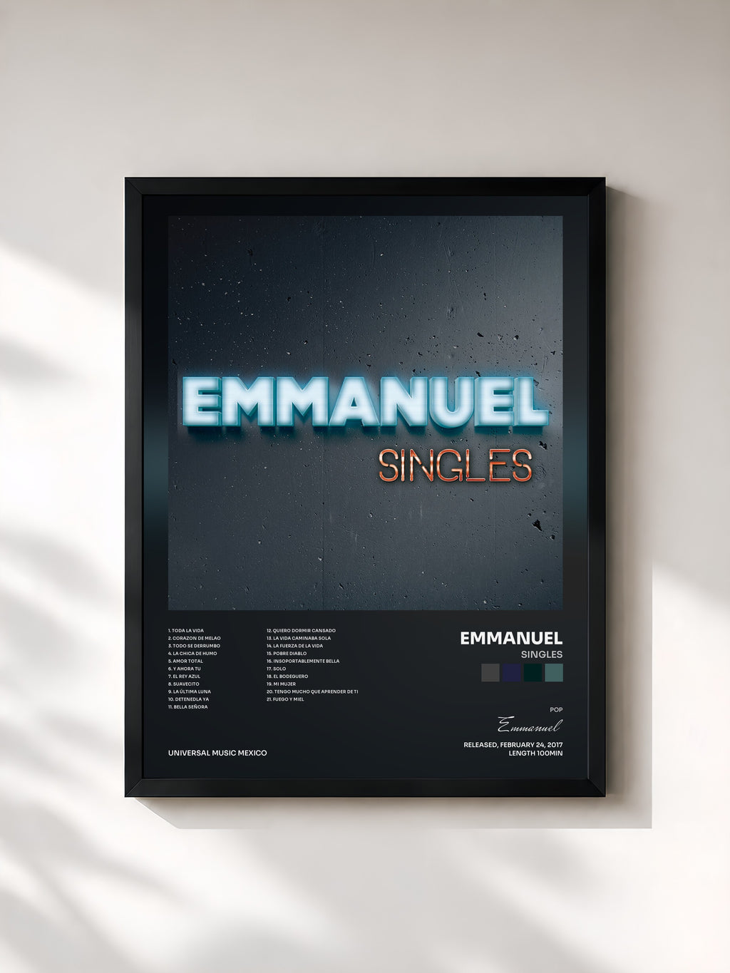 #noir Tableau de l'album Singles de Emmanuel, cadre noir, imprimé et encadré en France