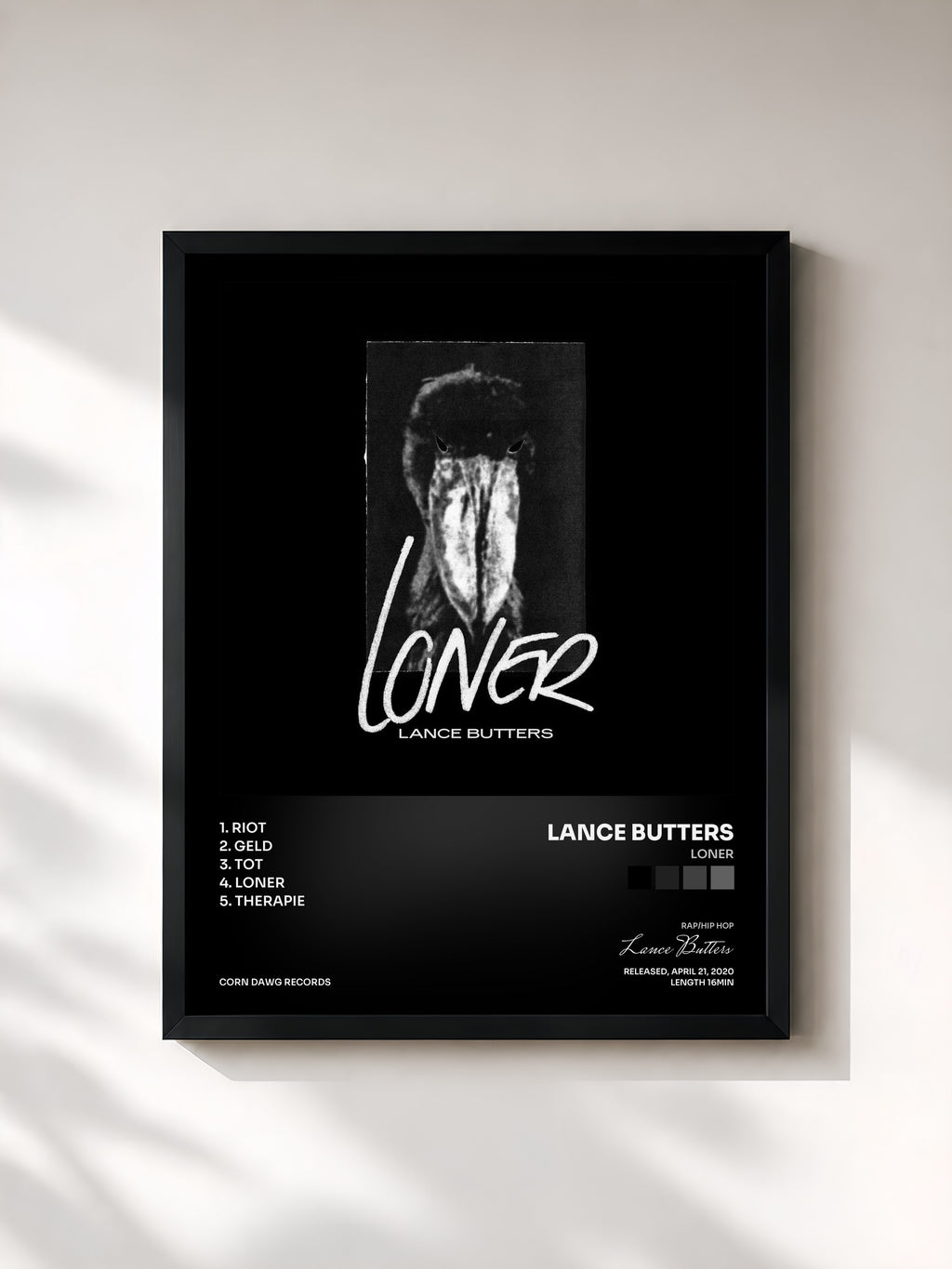 #noir Tableau de l'album LONER de Lance Butters, cadre noir, imprimé et encadré en France