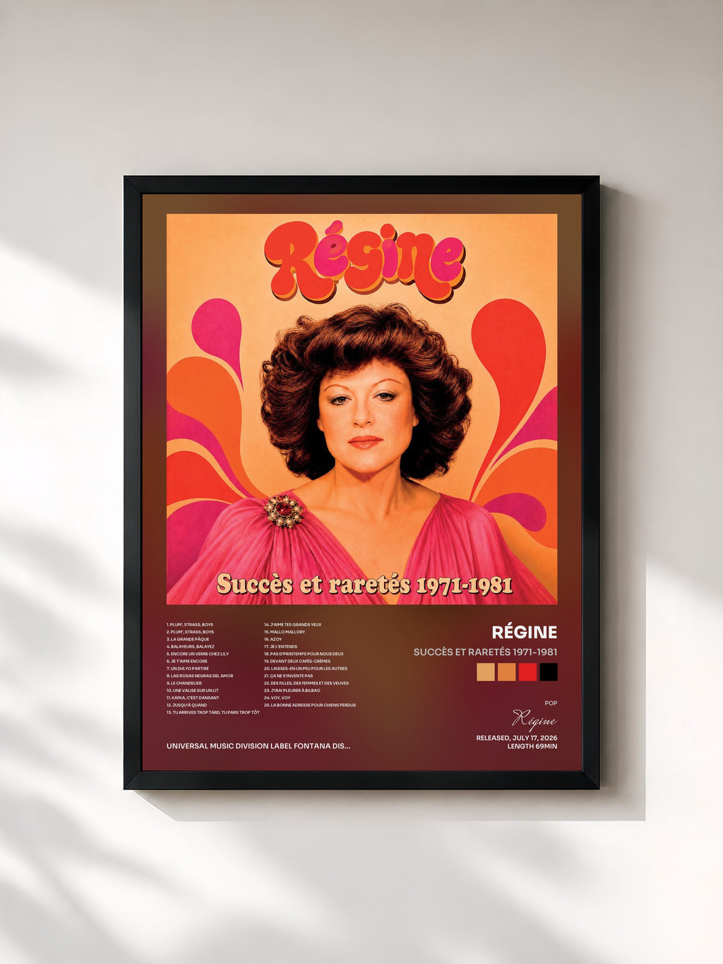 #noir Tableau de l'album Succès et raretés 1971-1981 de Régine, cadre noir, imprimé et encadré en France