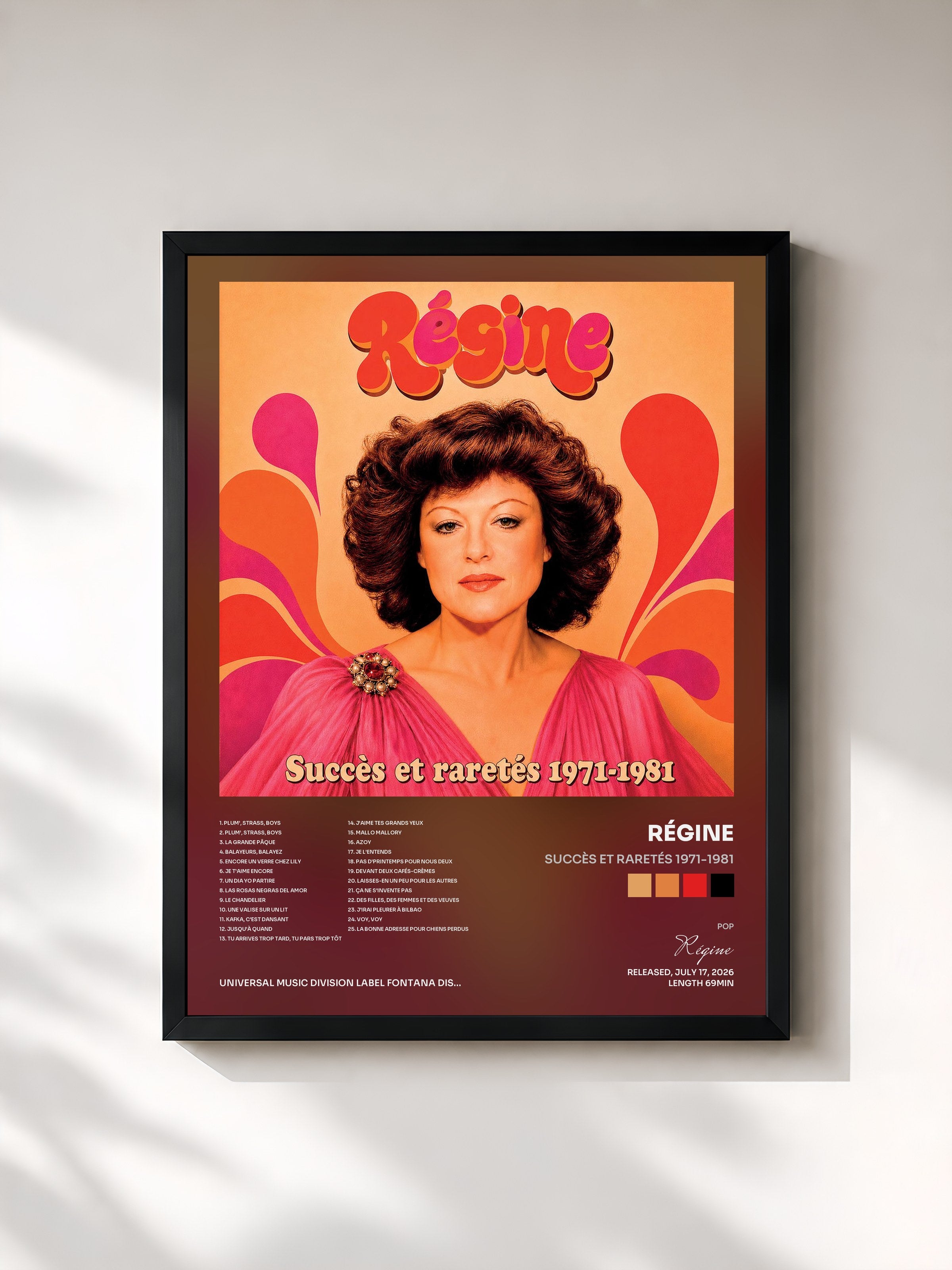#noir Tableau de l'album Succès et raretés 1971-1981 de Régine, cadre noir, imprimé et encadré en France