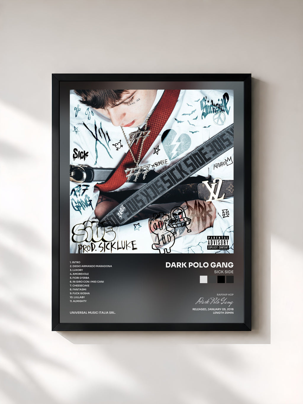 #noir Tableau de l'album Sick Side de Dark Polo Gang, cadre noir, imprimé et encadré en France