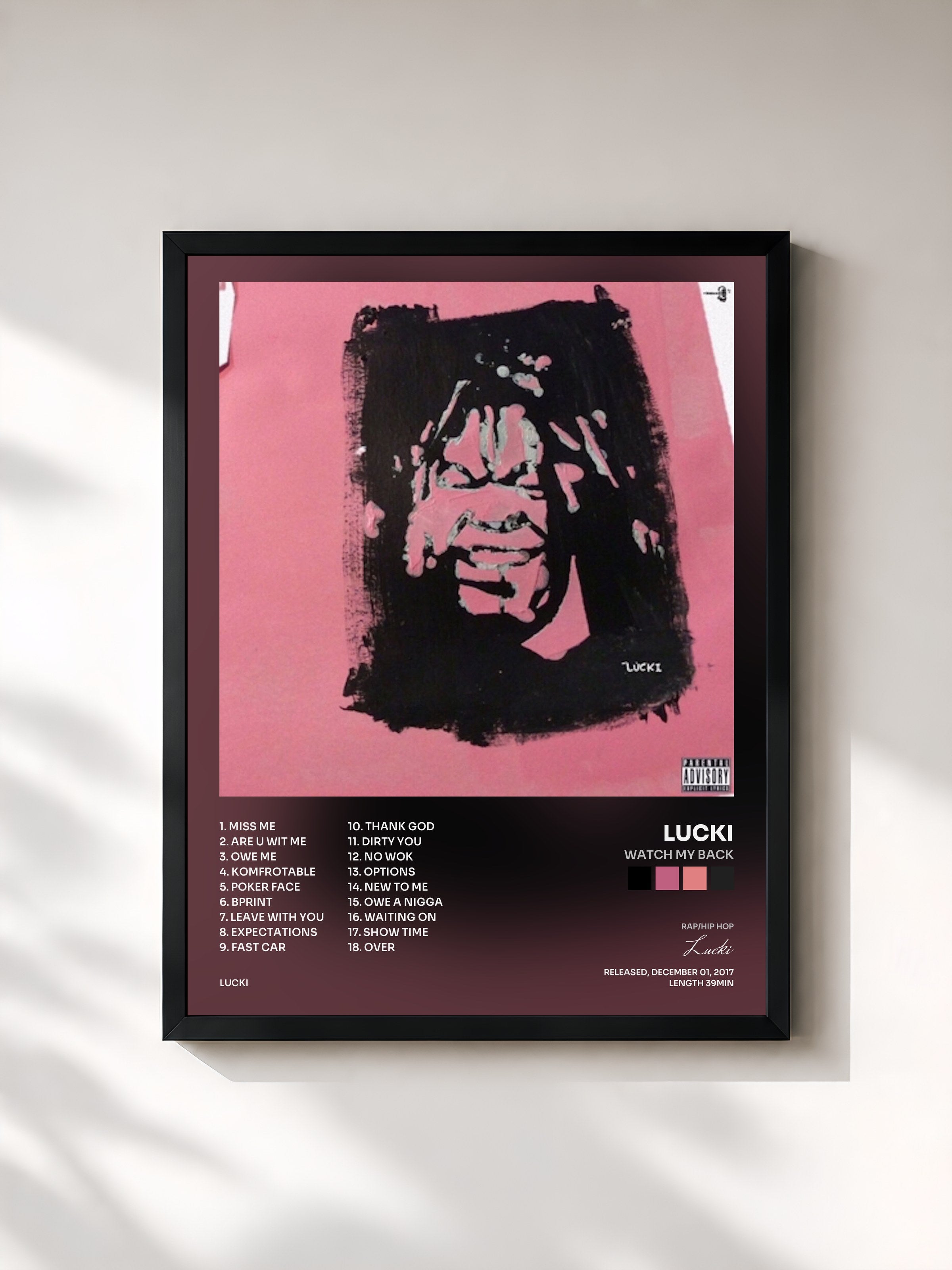 #noir Tableau de l'album Watch My Back de Lucki, cadre noir, imprimé et encadré en France