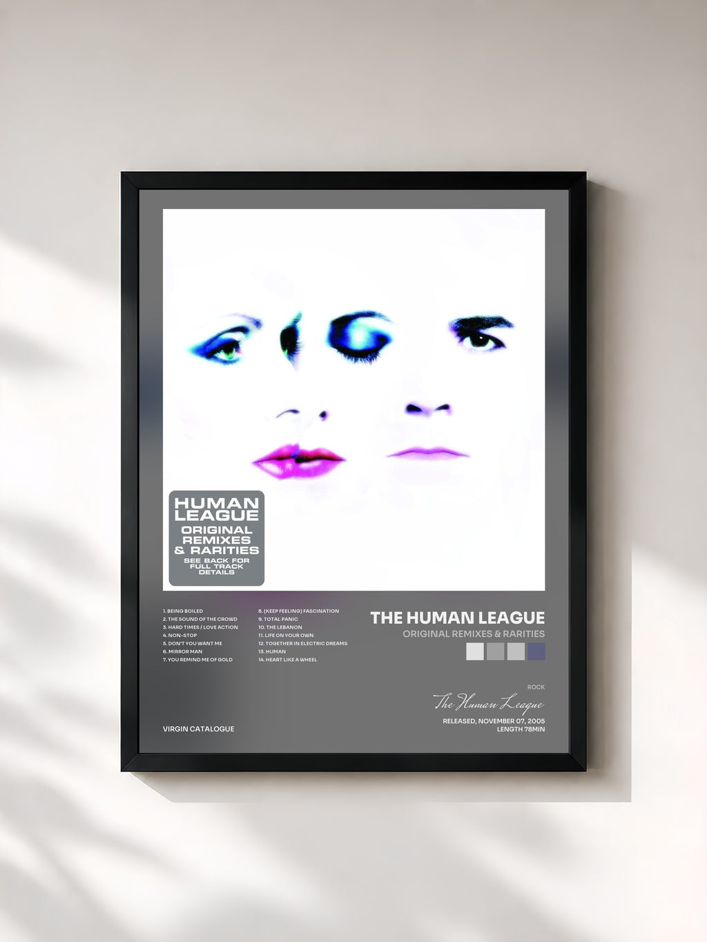 #noir Tableau de l'album Original Remixes & Rarities de The Human League, cadre noir, imprimé et encadré en France