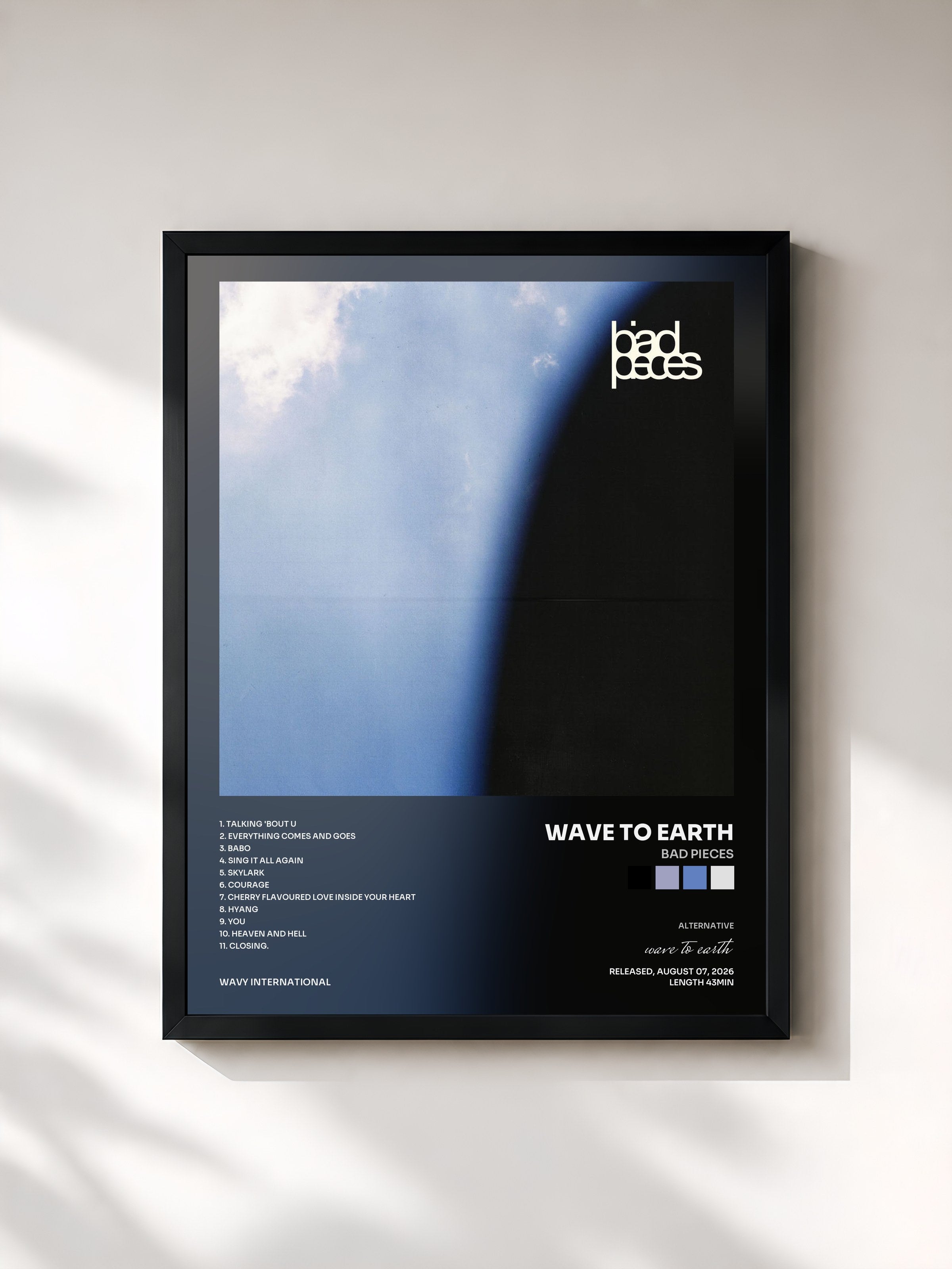 #noir Tableau de l'album bad pieces de wave to earth, cadre noir, imprimé et encadré en France