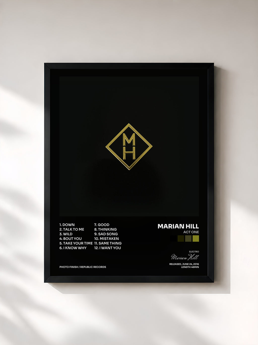 #noir Tableau de l'album ACT ONE de Marian Hill, cadre noir, imprimé et encadré en France