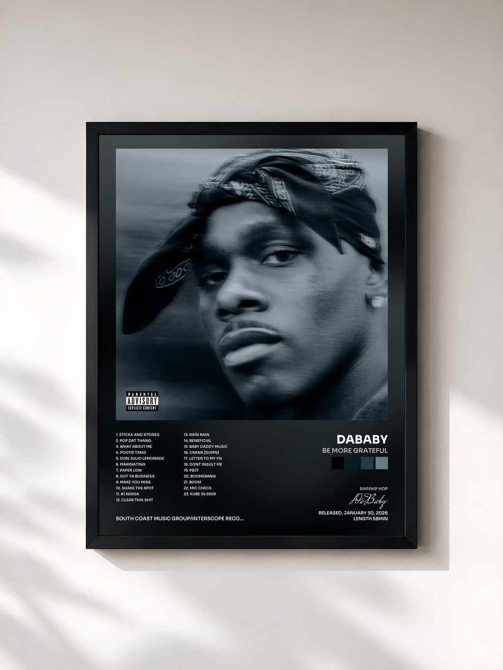 #noir Tableau de l'album BE MORE GRATEFUL de DaBaby, cadre noir, imprimé et encadré en France