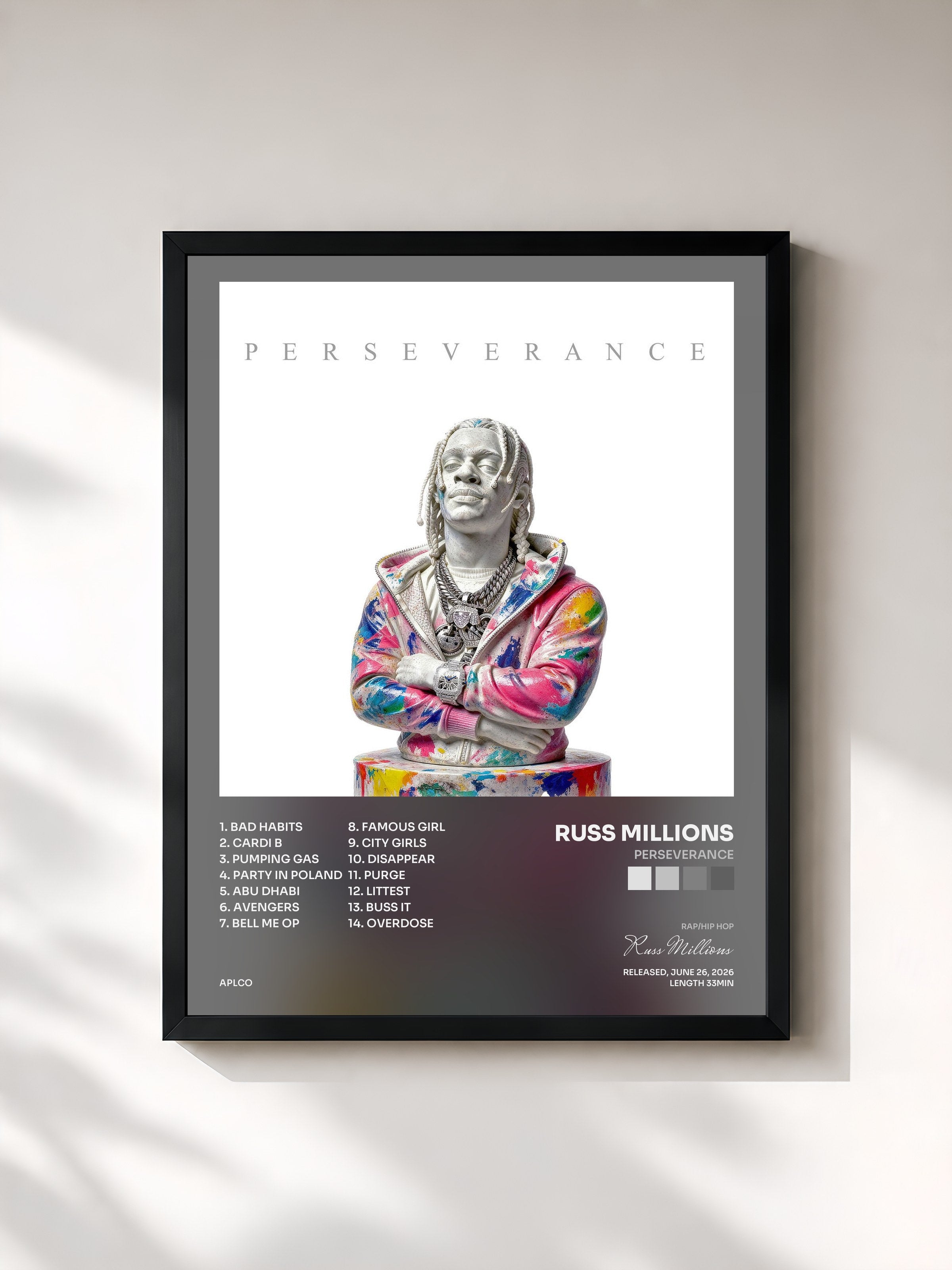 #noir Tableau de l'album Perseverance de Russ Millions, cadre noir, imprimé et encadré en France