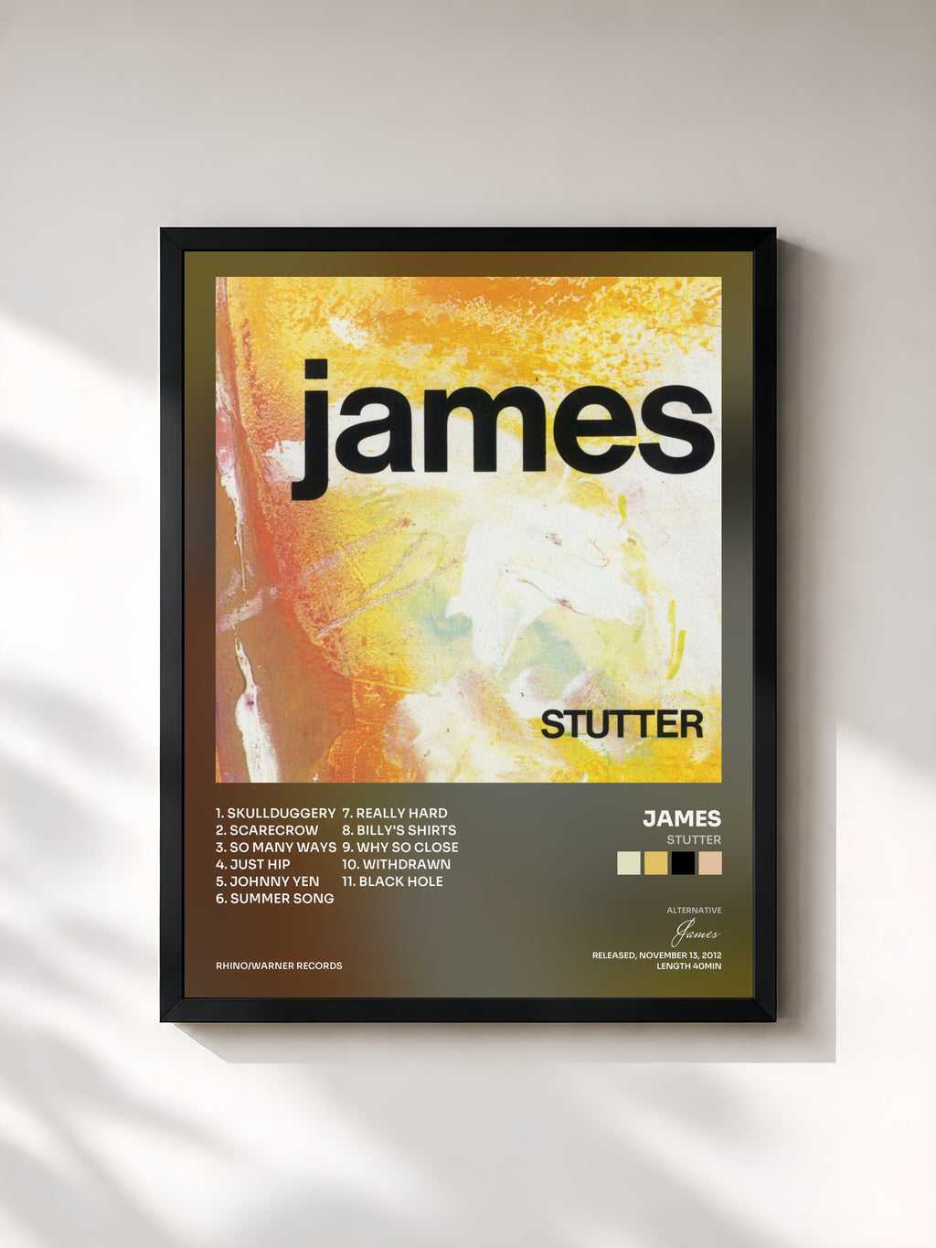 #noir Tableau de l'album Stutter de James, cadre noir, imprimé et encadré en France