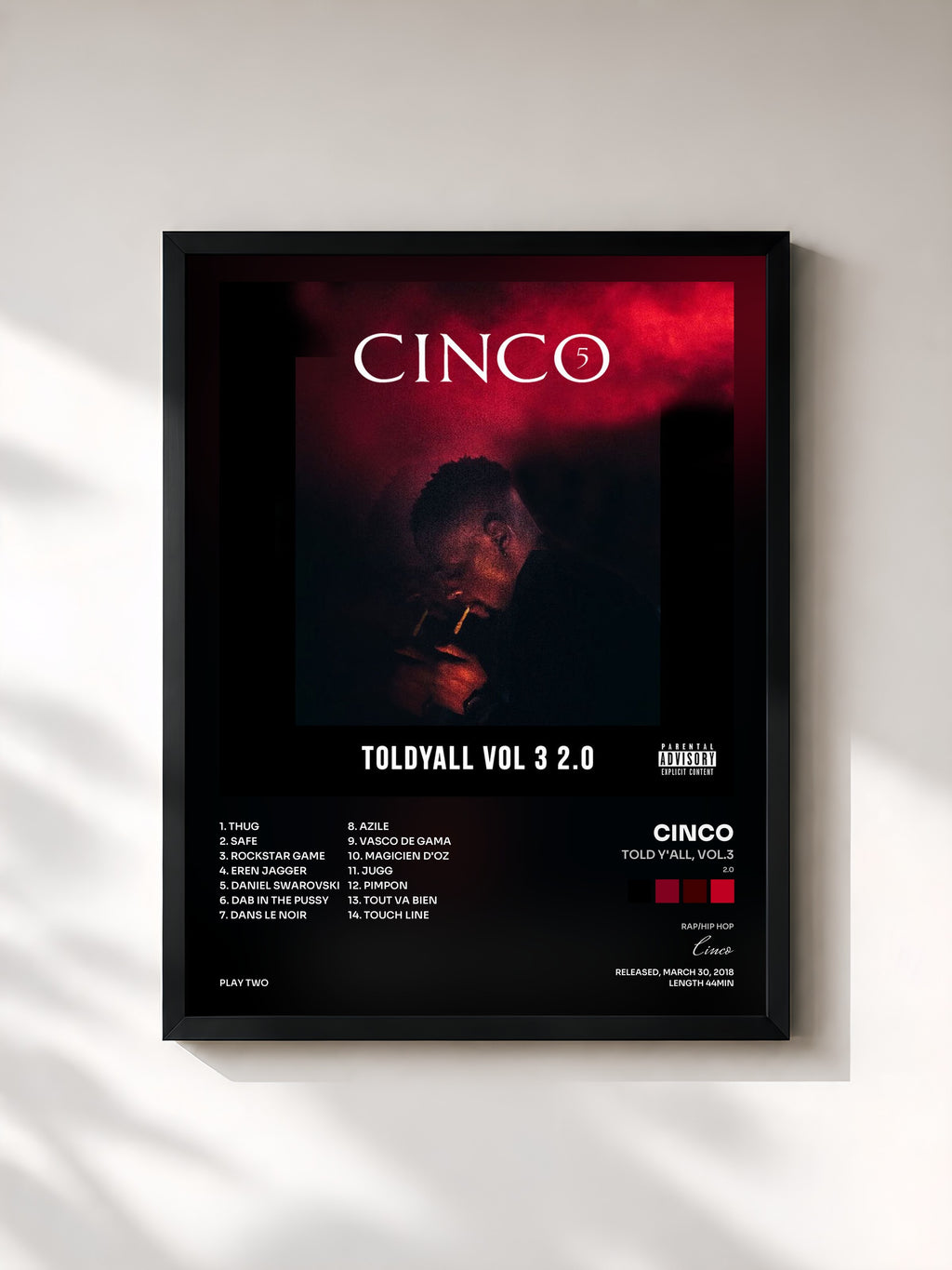 #noir Tableau de l'album Told Y'all, Vol.3 (2.0) de Cinco, cadre noir, imprimé et encadré en France