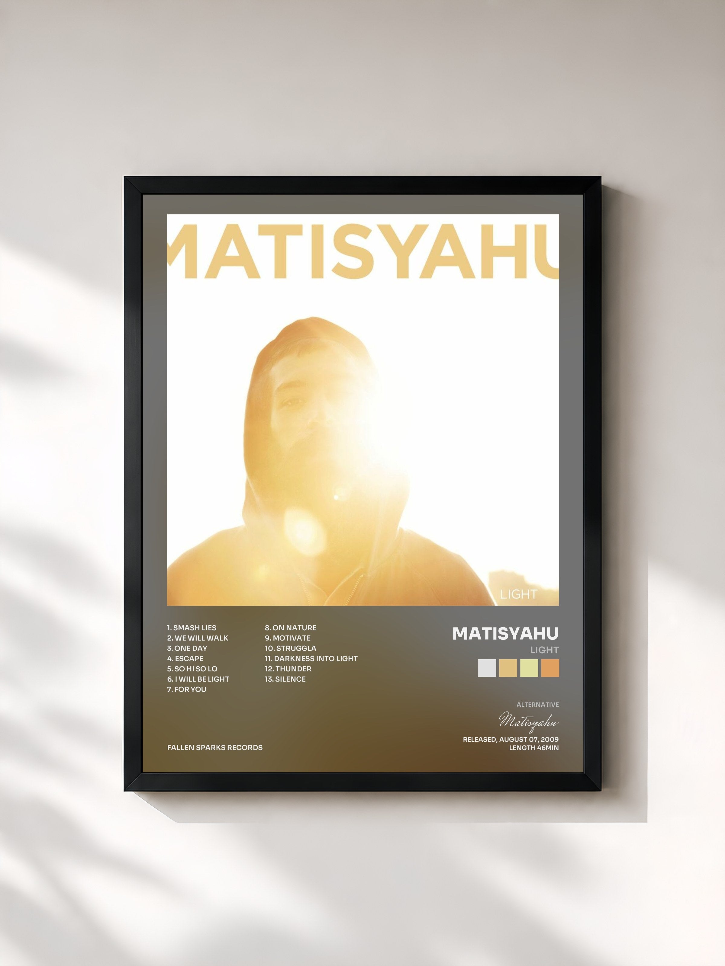 #noir Tableau de l'album Light de Matisyahu, cadre noir, imprimé et encadré en France