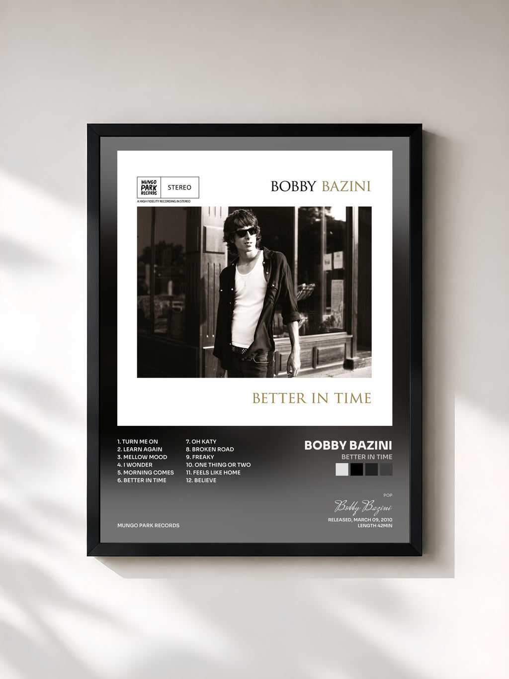 #noir Tableau de l'album Better in Time de Bobby Bazini, cadre noir, imprimé et encadré en France