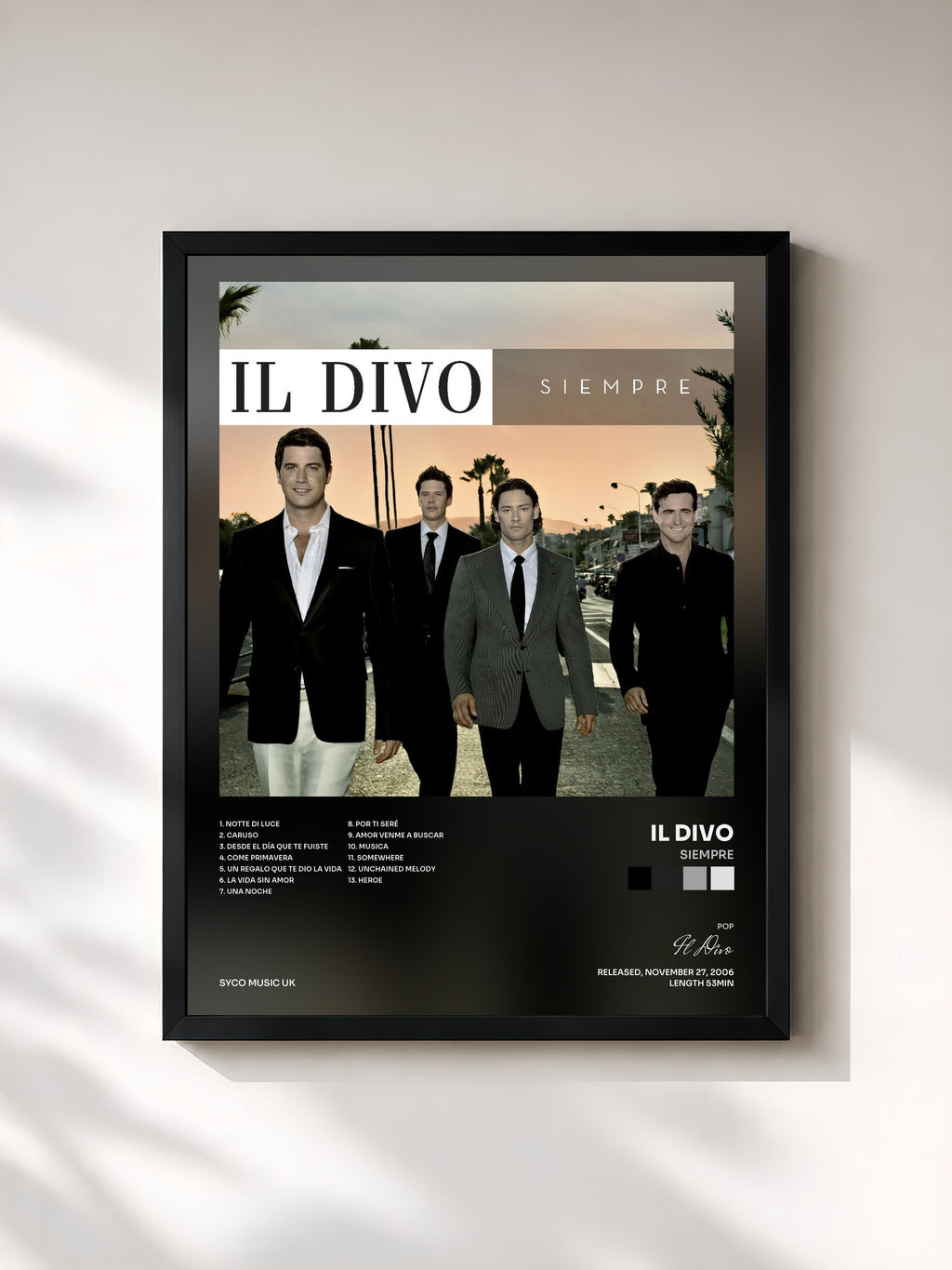 #noir Tableau de l'album Siempre de Il Divo, cadre noir, imprimé et encadré en France