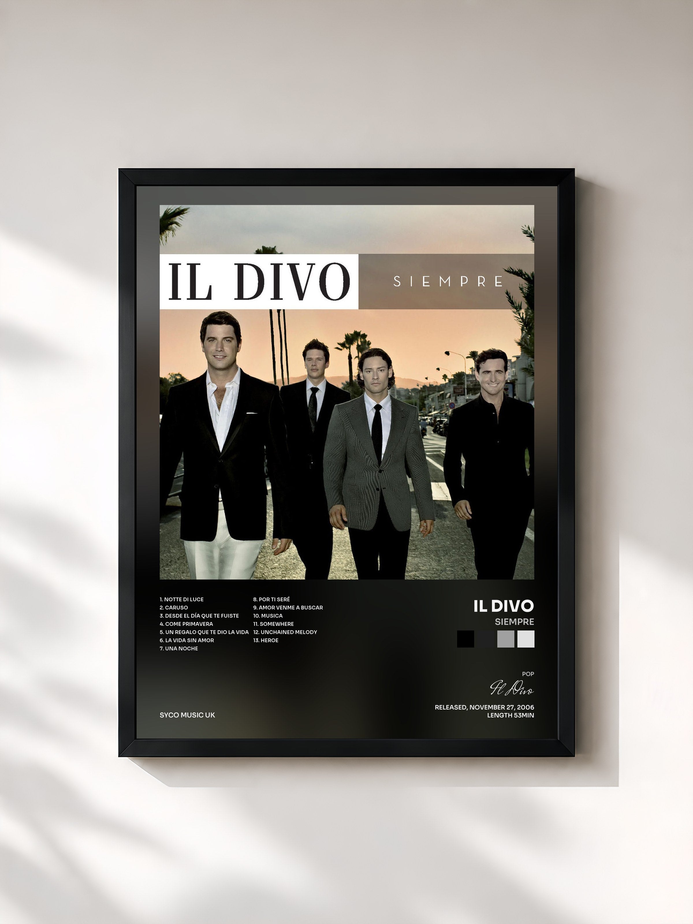 #noir Tableau de l'album Siempre de Il Divo, cadre noir, imprimé et encadré en France