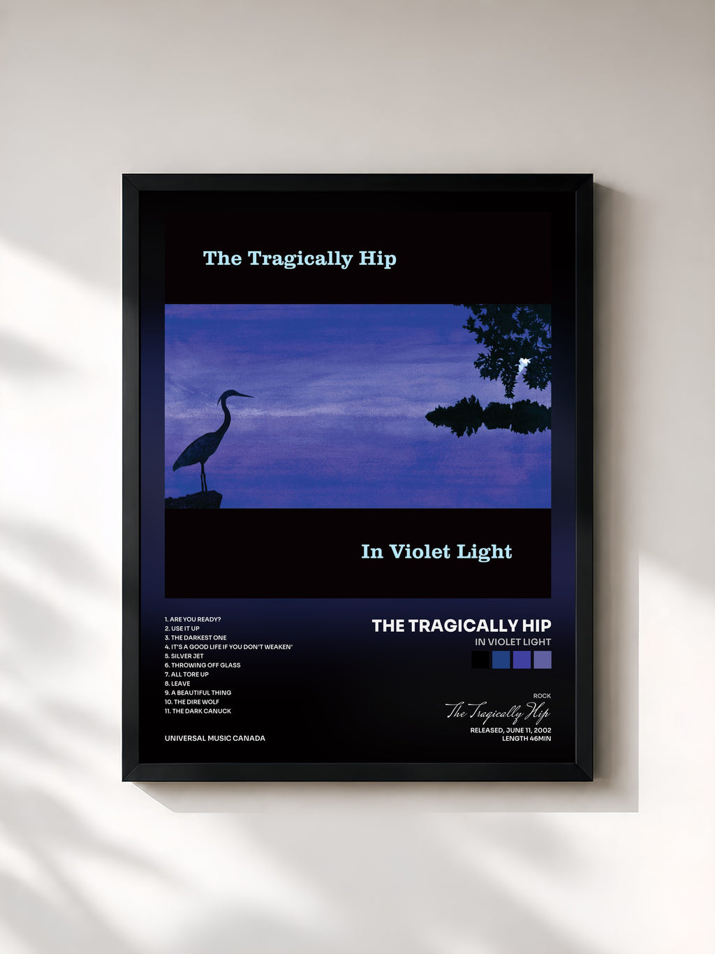 #noir Tableau de l'album In Violet Light de The Tragically Hip, cadre noir, imprimé et encadré en France