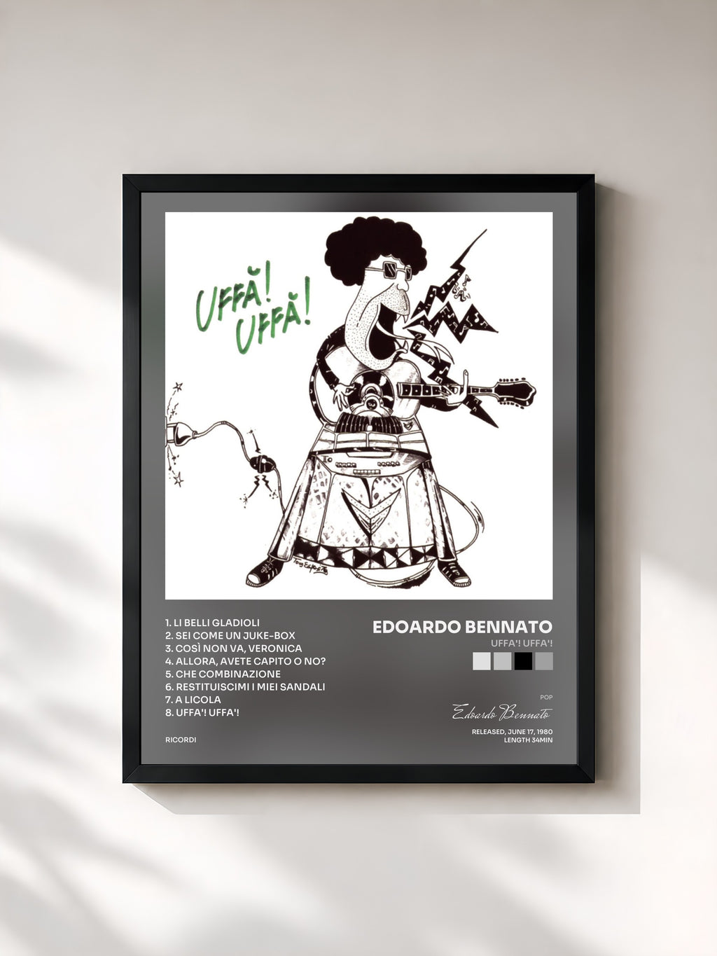 #noir Tableau de l'album Uffa'! Uffa'! de Edoardo Bennato, cadre noir, imprimé et encadré en France